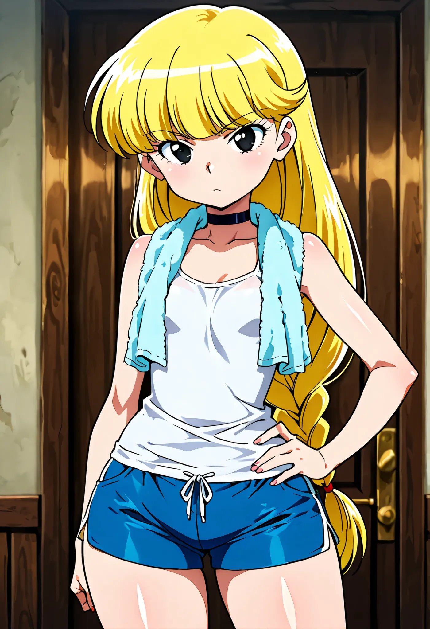  Pacifica Northwest,black eyes, flat breasts, flat chest, skinny, huge hips, long hair, blonde hair, choker , | score_9, score_8_up, score_7_up, source_anime, anime screencap, ultra detailed, skin_detail, lustrous_skin, shorts, hand on hip, single braid, t...