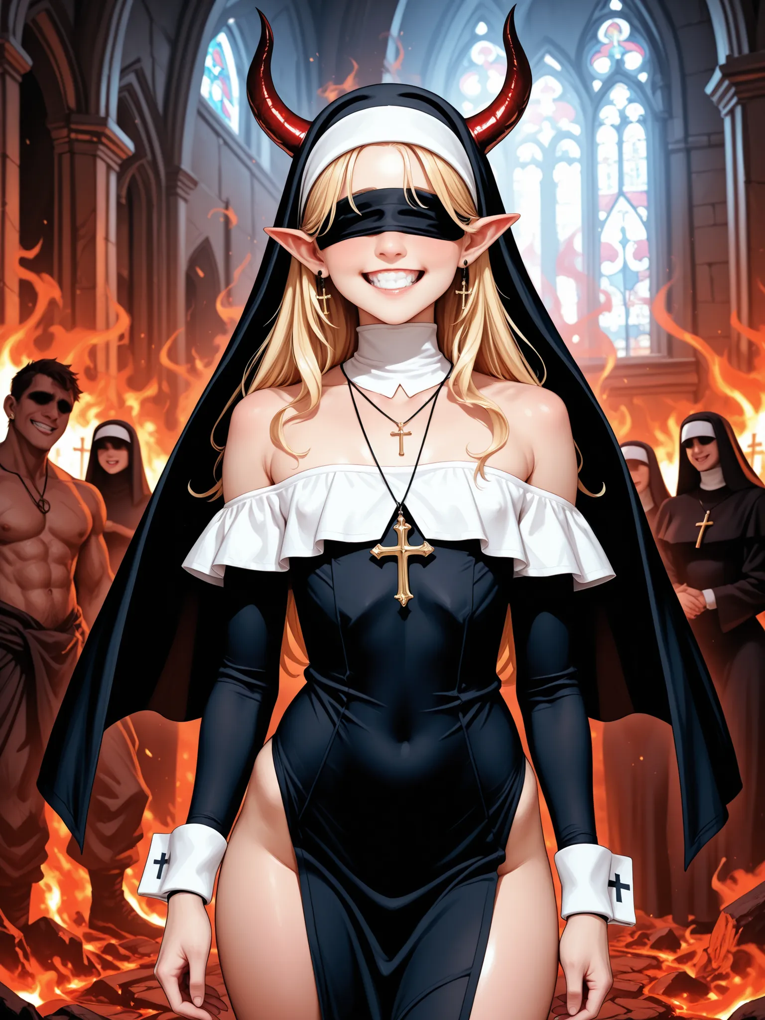 Femboy, 1boy,nun,Pointed ears,Devil Horns,hair covering eyes,blond,flat chest,Smile,teeth,Long hair,Hips,
Bare shoulders,White off-shoulder dress,earrings,Wrist sleeves,wristband,Cross necklace,
church,hell,