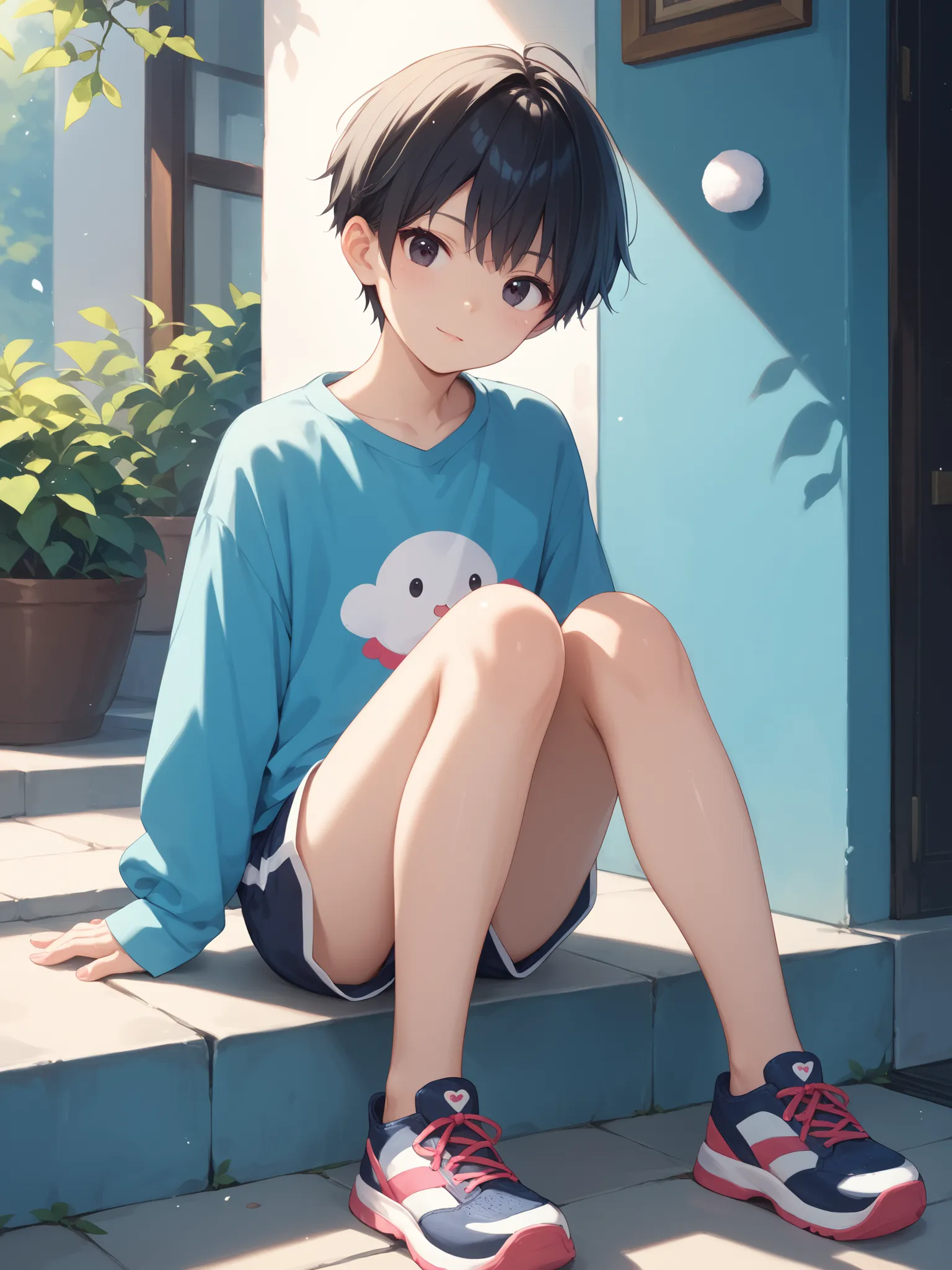 A very young Asian boy with black eyes, shiny black hair, marshmallow-like hair, wearing cool summer clothes and shorts, with a randoseru on his back, looking at the viewer (Warija, M-sitting), detailed, top, full body shot,