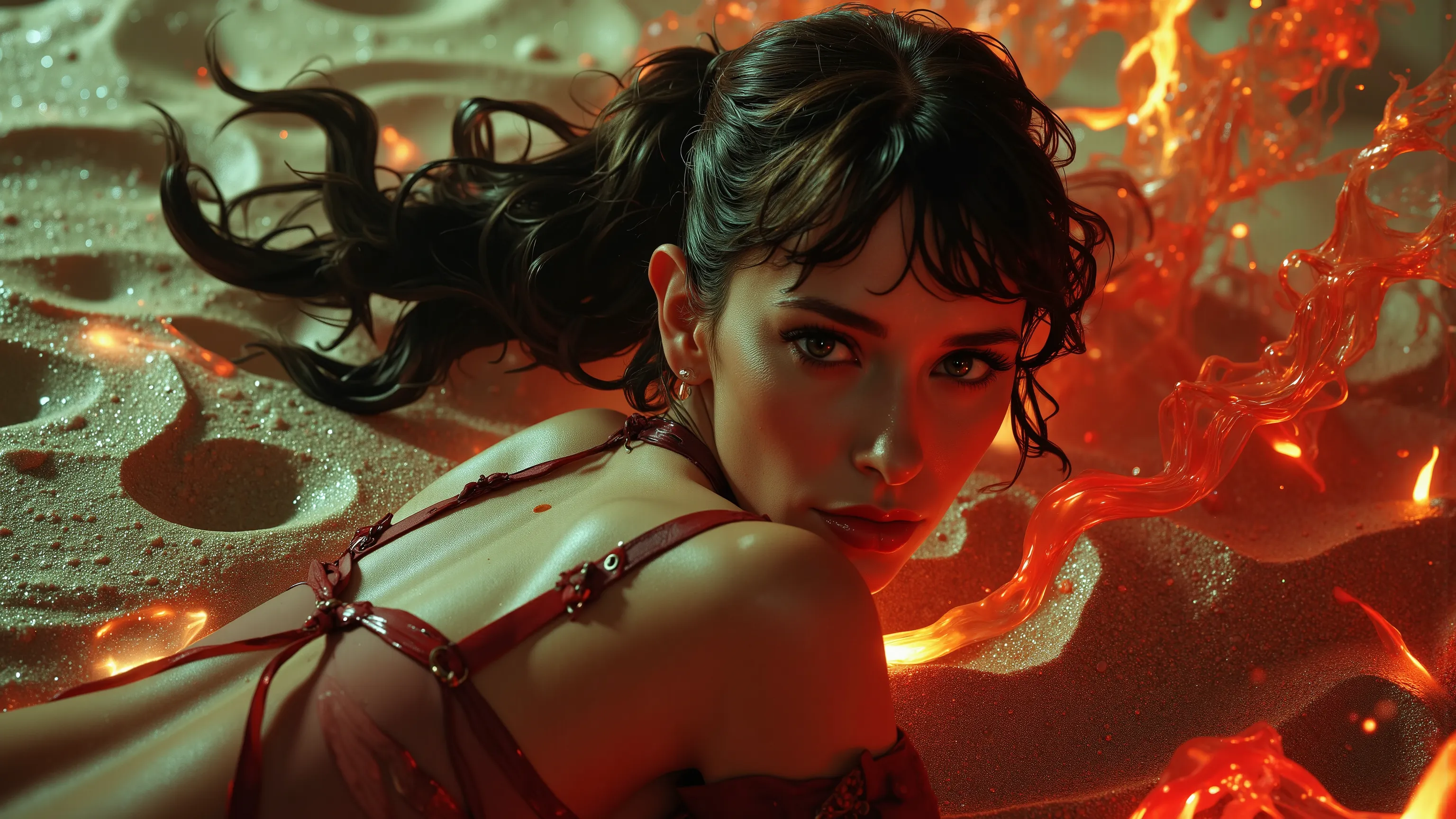 A sexy mystical succubus with an aura of burning lust, wearing a reddish latex outfit, in a Kinetic Sand Temporal Flux style, where the passage of time is captured in the fluidity of sculpted sand. Fleeting shapes are illuminated by hints of red and yellow...