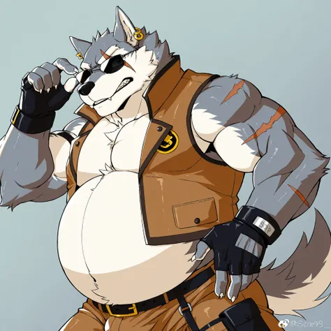 score_9, score_8_up, score_7_up, freddy, wolf boy, 1boy, solo, belt, scar, earrings, furry, bara, sunglasses, fingerless gloves, vest, big belly, bulge