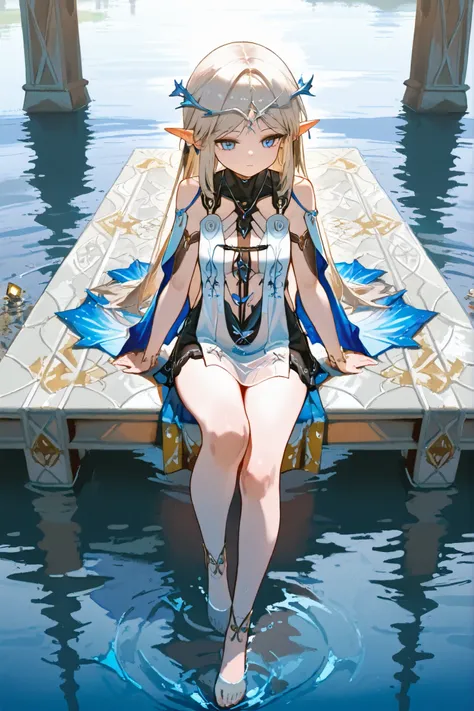full body,long hair, Gold,((blue eyes,Jewel-like)), The center of the lake,water surface,sit with your knees bent, exercise sitting,sitting holding the knee,long ears,elf-like ears,Formal Wear,Elegant Atmosphere,beautiful girl, best quality,high quality,wa...