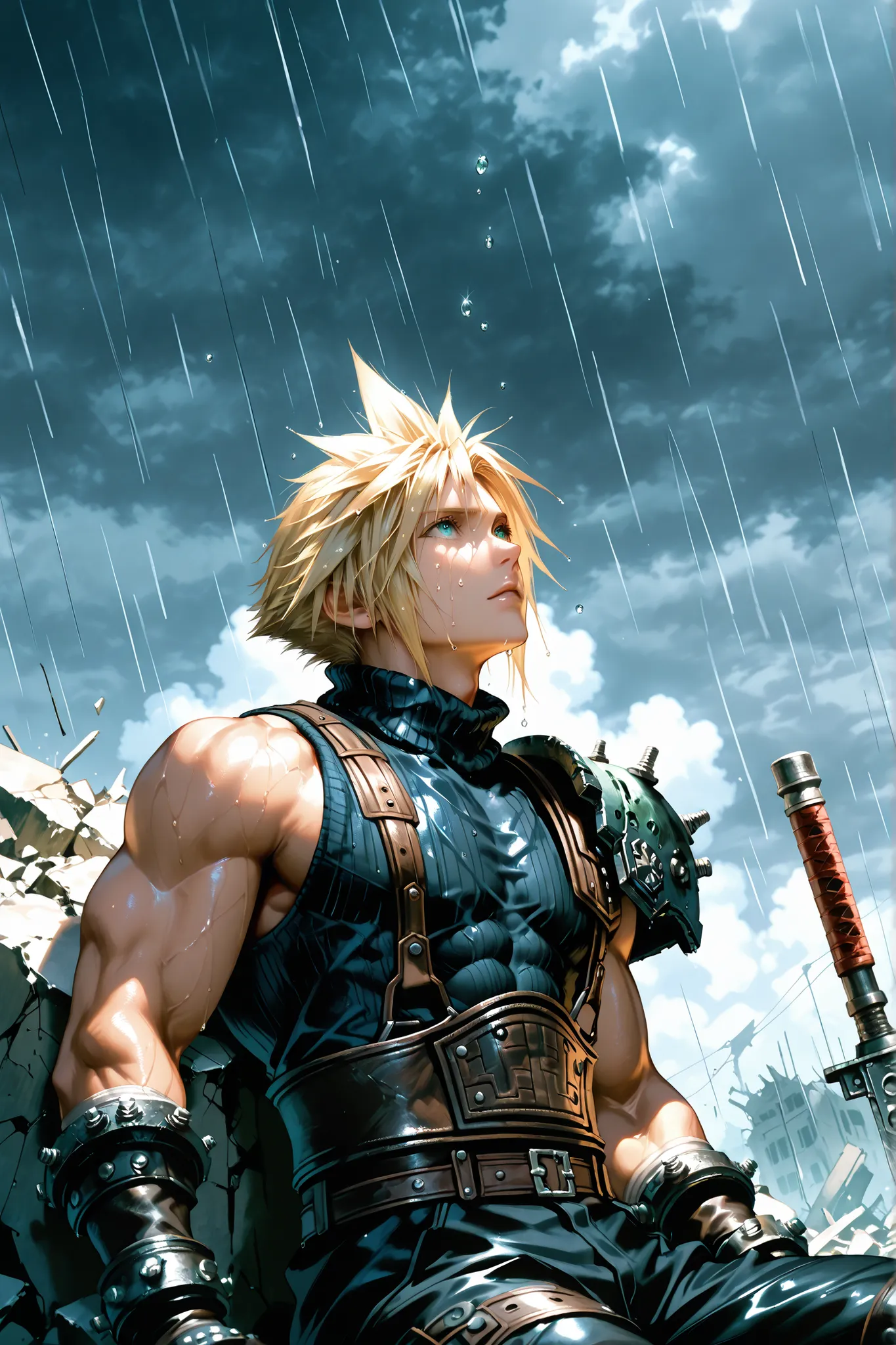 Cloud Strife, Final Fantasy VII, classic SOLDIER outfit, black sleeveless top, shoulder armor, leather belts, gloves, dark pants, muscular male, defined abs, sitting and leaning against rubble, looking up at the sky, blank expression, melancholic atmospher...