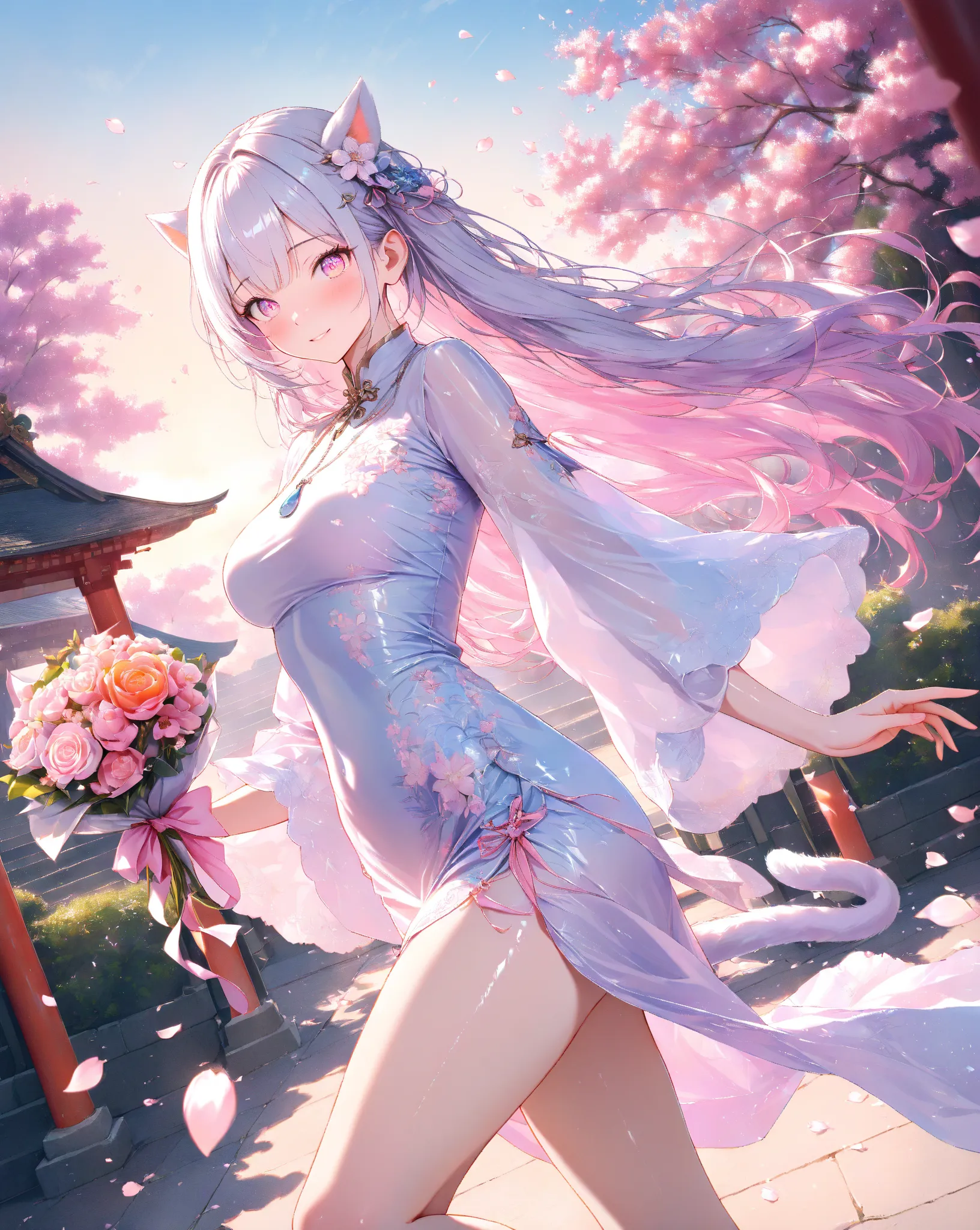 quality: masterpiece, ultra-detailed, ultra-quality, super-resolution, detailed-background,Photorealistic,
theme: (18-year-old woman with a demon cat that is breathtakingly beautiful):1.4, (with a velvet texture):1.7,(Bouquet with a mix of large pastel pink、lavender、light blue、and white roses):1.5,soft green foliage,tied with a pastel pink ribbon,detailed-skin-texture:1.3, (full-face blush):1.2,(happy):1.4, has a breathtakingly delicate face,vivid eyes like being sucked in, delicate and moisturized lips ,(shiny platinum colored hair with detailed depiction of each one):1.2,Smooth silky texture,flowing like it flutters in the wind,Natural shadows and highlights,(Realistic Cat Ears ):1.2,(Bushy cat tail):1.2,( Cat Tails Peeking Out of China Dress):1.2, Natural and graceful hand pose:1.3, hand based on realistic human body structure:1.3, transparent fingertips that feel like they are being sucked in:1.2, Clearly defined joints:1.2,Detailed expression of the fingers:1.2,Smooth and curvaceous body lines,Graceful knee lines, Natural and beautiful leg lines,Translucent and moisturized skin,Delicate body contours,Natural wrinkles and shadows in the clothes,Shiny fabric texture,Beautiful, smooth draping,
costume: (shiny red china dress with chiffon material):1.5, (Chiffon material and、organza sleeve china dress):1.4, (pastel pink flower motif hair ornament):1.2, (pale jade necklace):1.2, 
background: (Kyoto Kurumazaki Shrine at sunset):1.5, (vibrant vermilion shrine building):1.4, (full bloom pastel pink cherry blossoms covering the view):1.5, falling cherry blossom petals:1.3, (dreamy pastel sunset sky mixing orange, pink, and purple hues):1.5, soft sunset light illuminating the scene:1.4, dramatic light rays breaking through the clouds:1.3,glowing cherry blossom petals floating in the air:1.2,cinematic atmosphere:1.2,stone pathway:1.1, 
Style: pastel style, detailed anime style, cinematic lighting, volumetric lighting, ray tracing, depth of field, dramatic angle, 