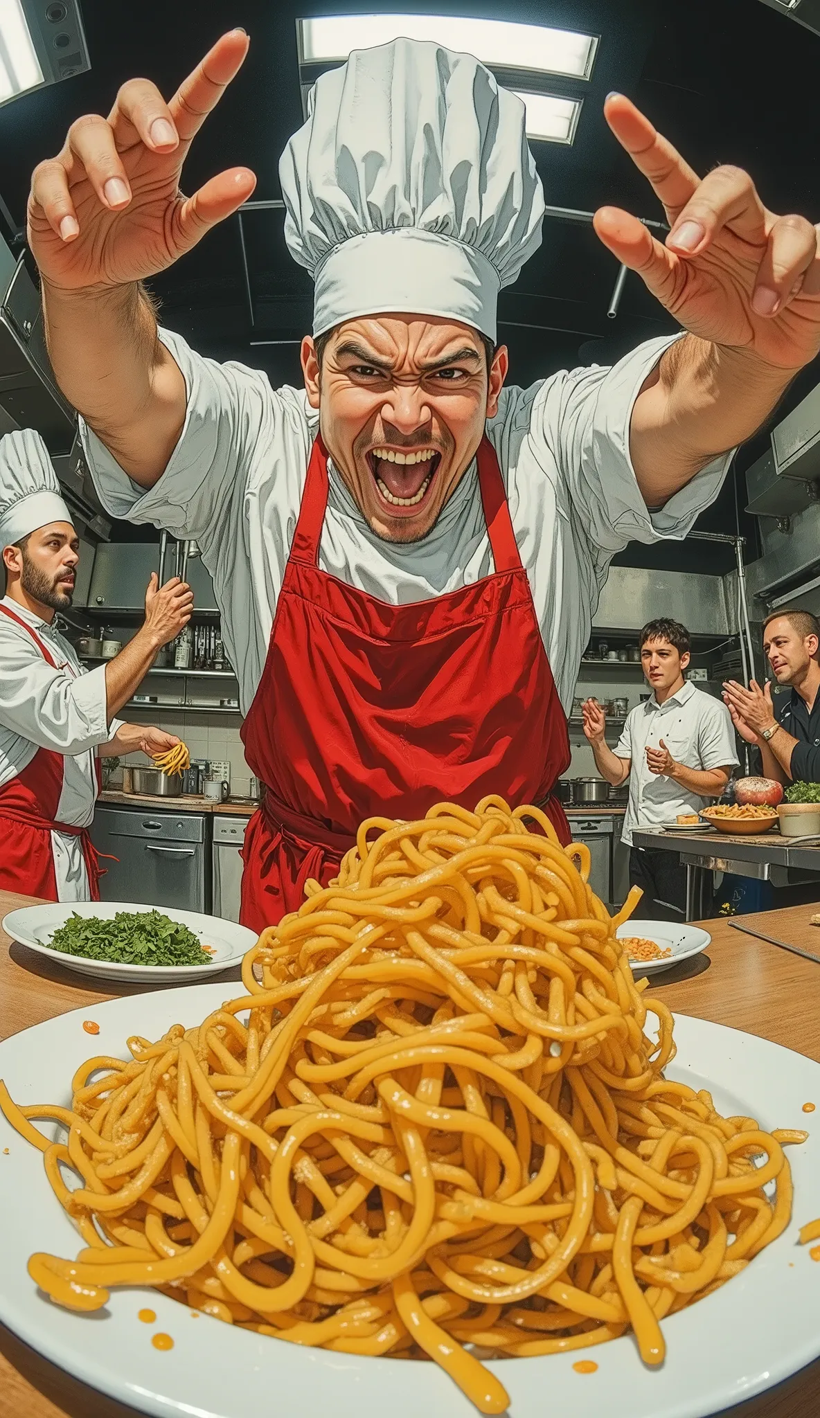 The picture was taken from a low angle with a fisheye lens. Cheerful and tanned, muscular Italian male chefs who make the decision to throw, jumping high, sit on the ground, the chefs throw spaghetti in the air and stretch their hands to the plates (prelim...