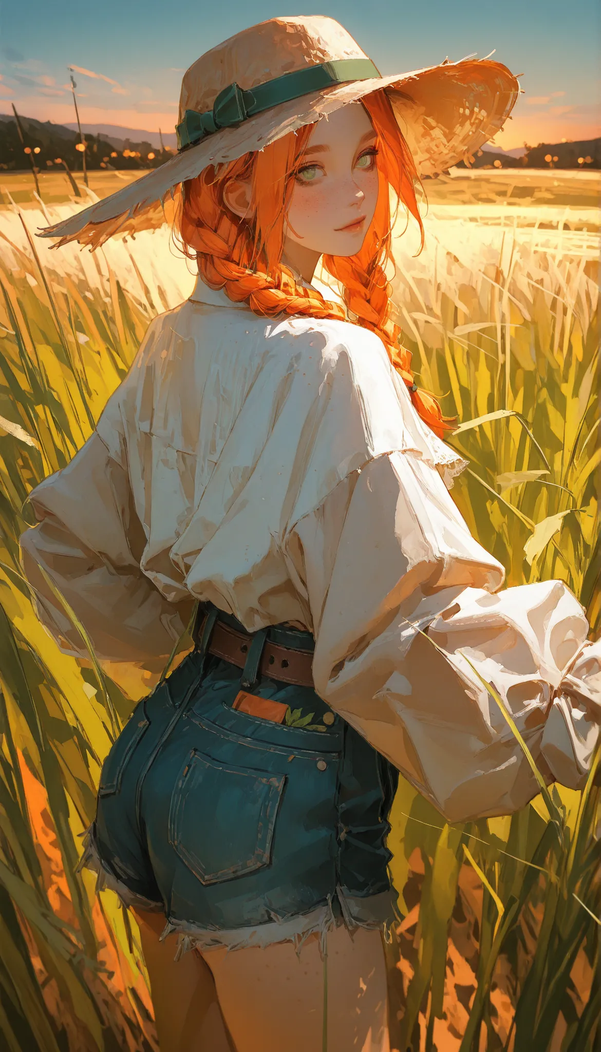 A youthful red-orange–haired girl (orange_reddish), hair braided into two pigtails, vibrant green eyes, light freckles across her cheeks, full of life and energy, standing in a sunlit outdoor meadow at golden hour. She wears a casually chic outfit: a light...