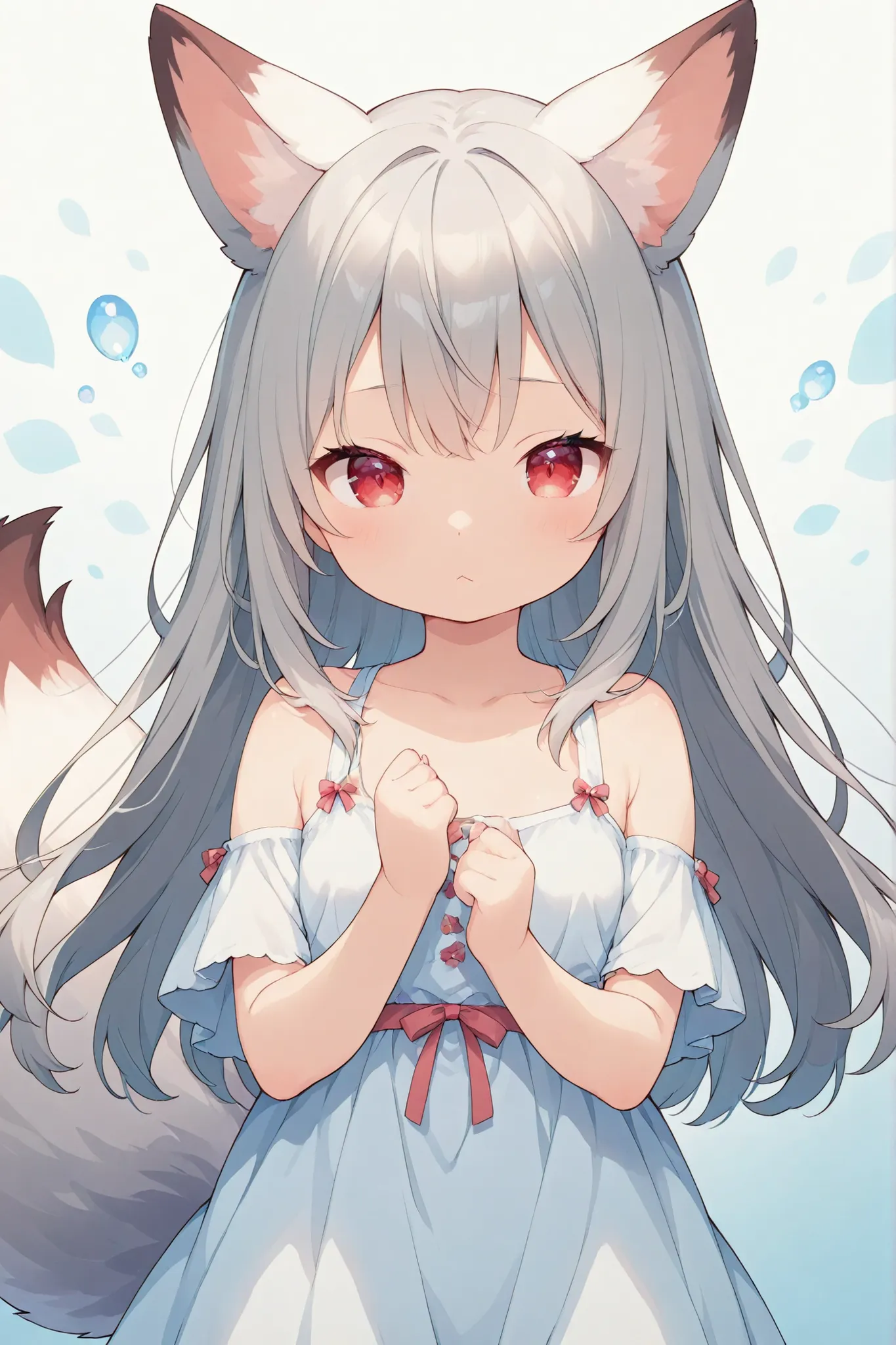 watercolor style、White fox girl 、grey hair、 smooth long hair 、fox ears、 fox's fluffy tail 、Ruby Eyes、squint、cute、 droopy ears、tall、It's a baby fox with a white head,:<