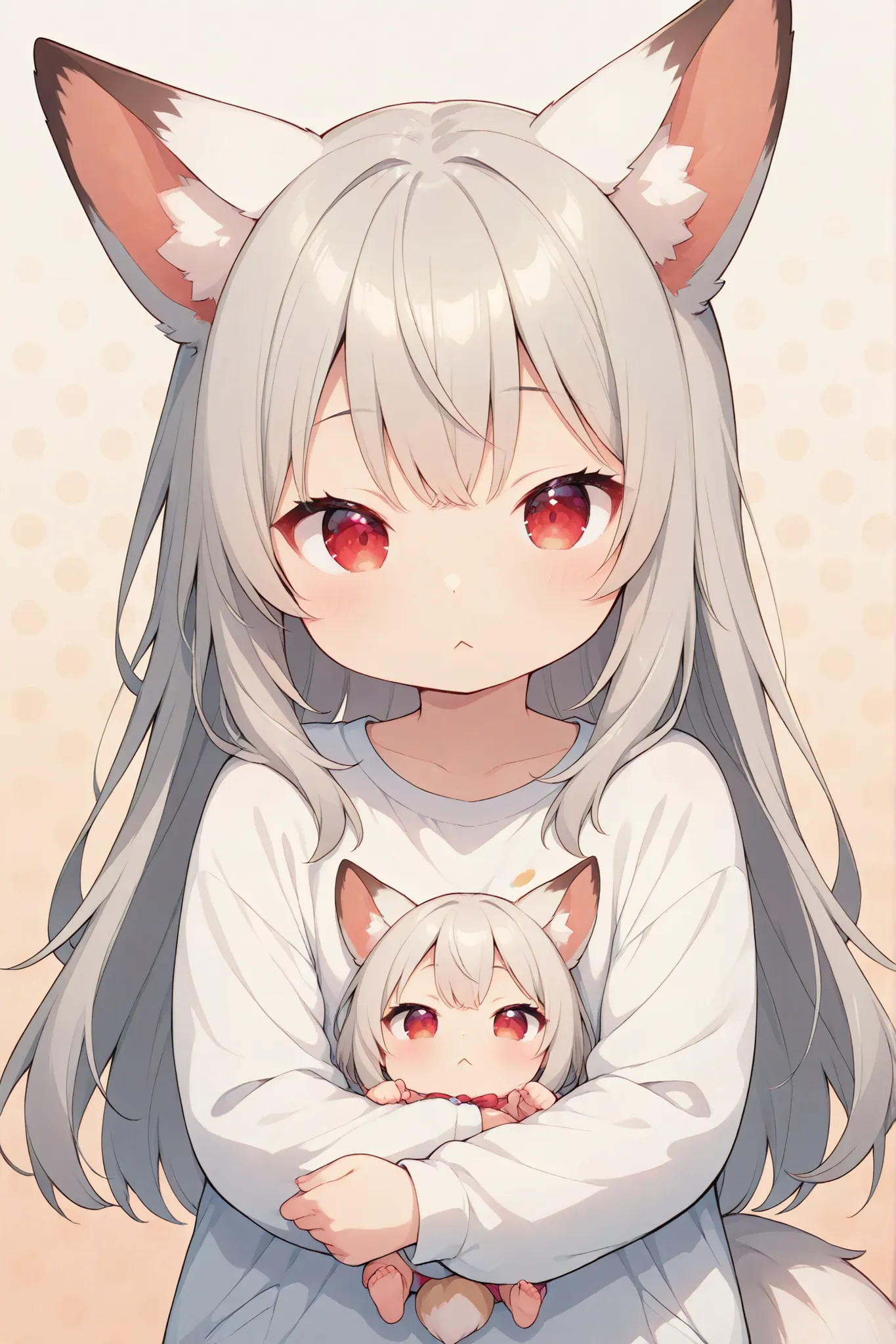 White fox girl 、grey hair、 smooth long hair 、fox ears、 fox's fluffy tail 、Ruby Eyes、squint、cute、 droopy ears、tall、It's a baby fox with a white head,:<,Polka dot background