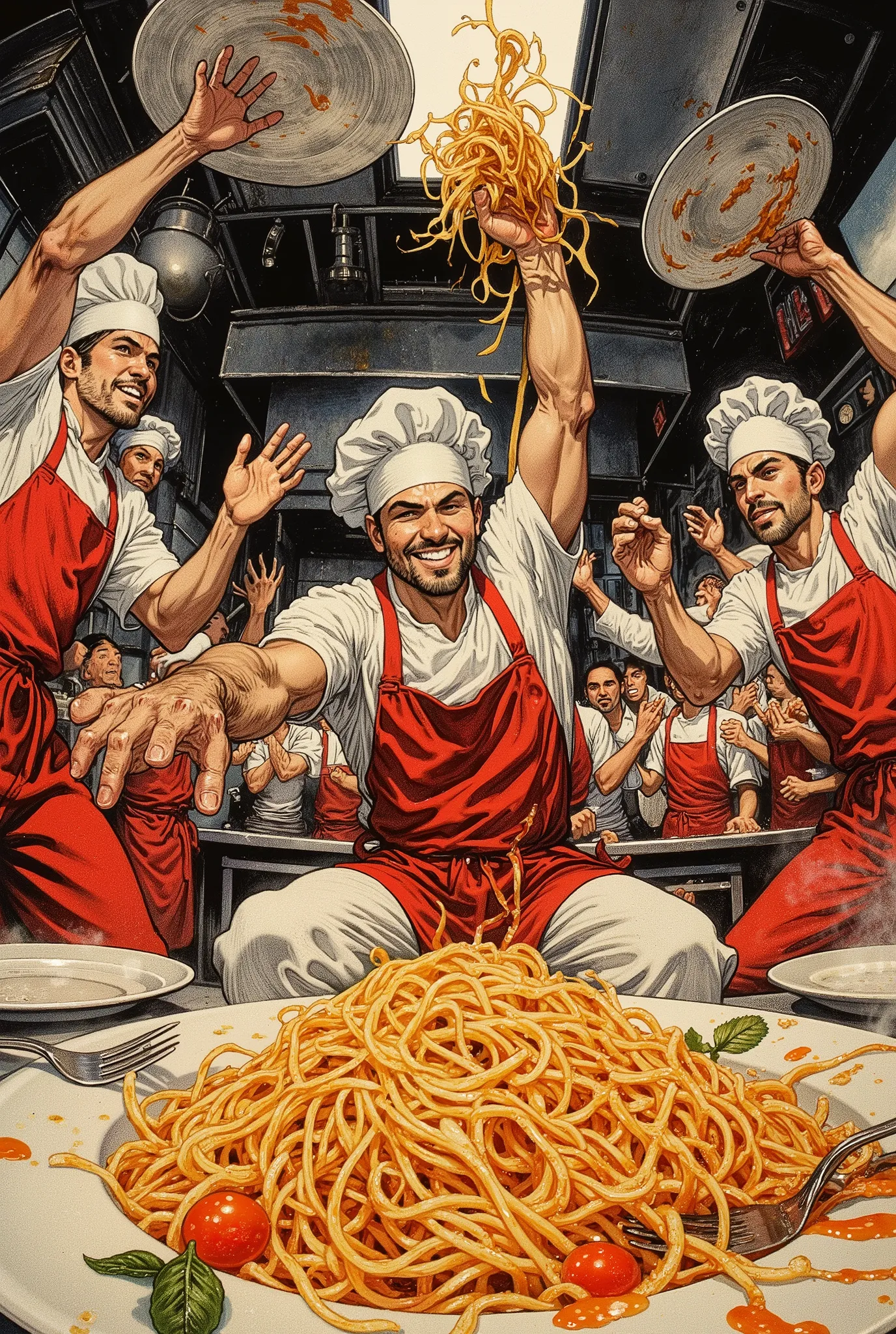 The picture was taken from a low angle with a fisheye lens. Cheerful and tanned, muscular Italian male chefs who make the decision to throw, jumping high, sit on the ground, the chefs throw spaghetti in the air and stretch their hands to the plates (prelim...
