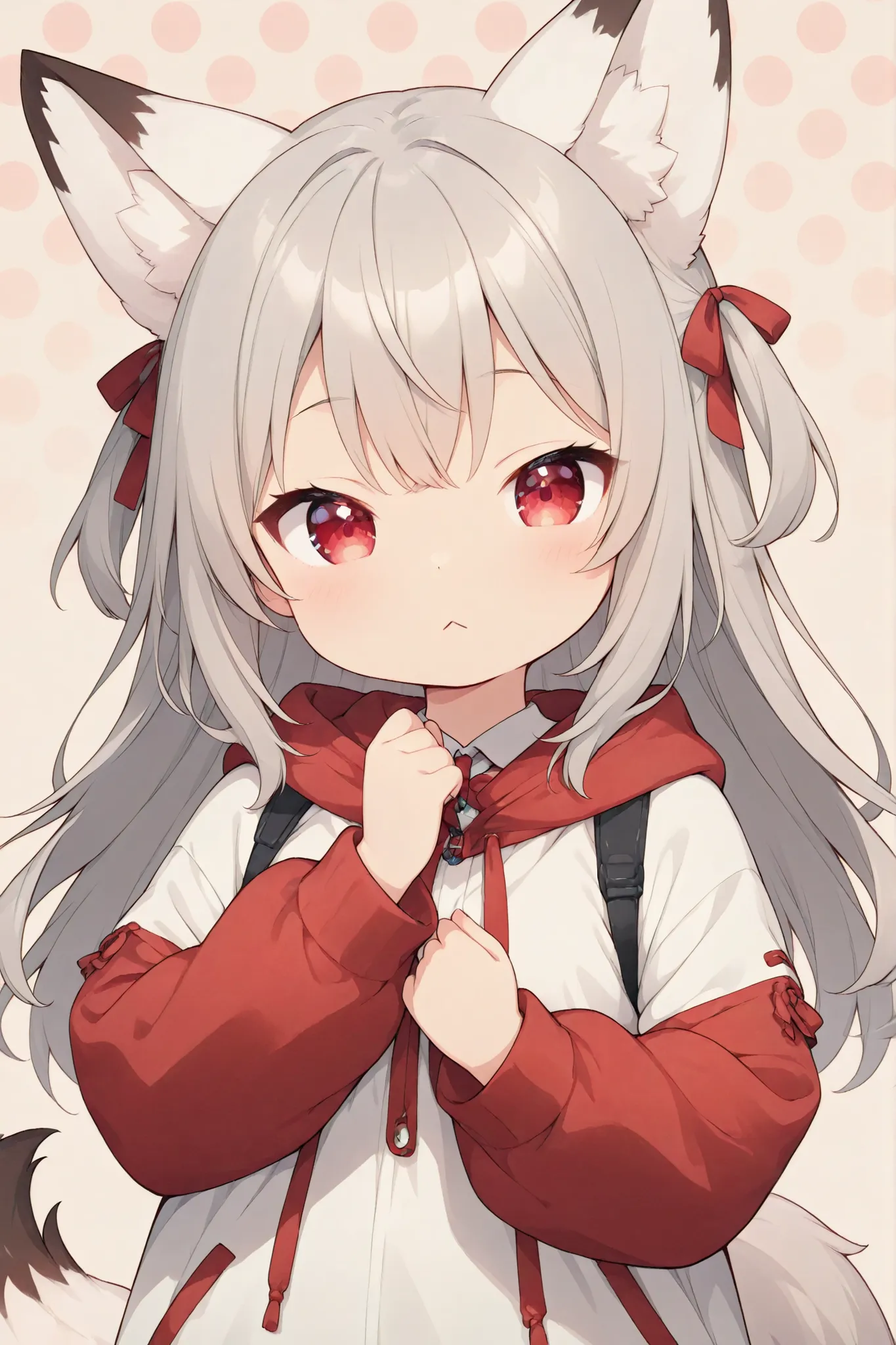 anime style、White fox girl 、grey hair、 smooth long hair 、fox ears、 fox's fluffy tail 、Ruby Eyes、squint、cute、 droopy ears、tall、It's a baby fox with a white head,:<,Polka dot background