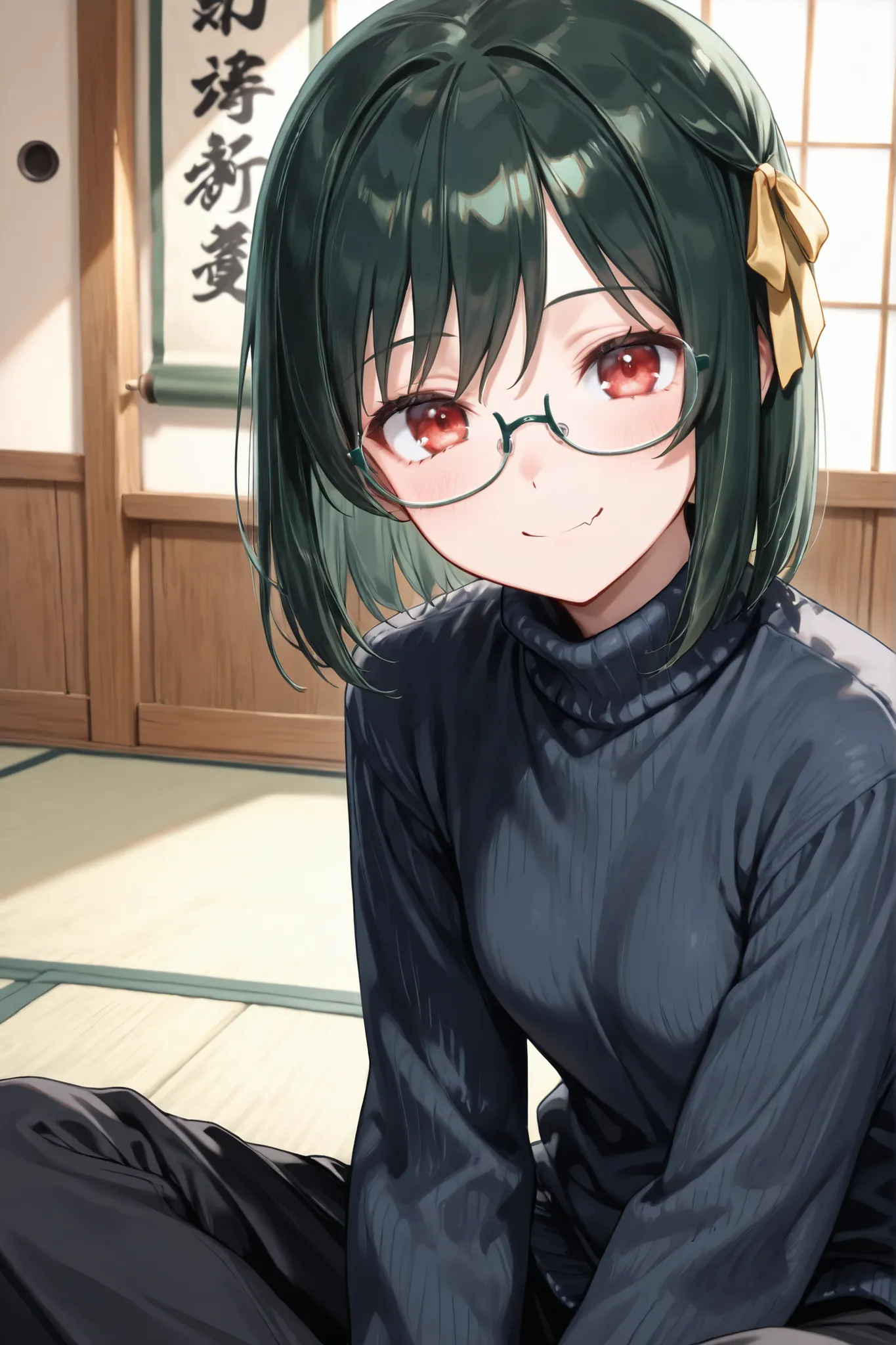 ((Masterpiece)),((best quality)),((incredibly absurdres)),((8K)),(semi realistic),
1 girl,young,shioriko mifune,short bob cut,bangs,hair ribbon,yellow ribbon,dark green hair,red eyes,small fang,small breasts,
(black eyewear),(square glasses),(navy blue Pla...