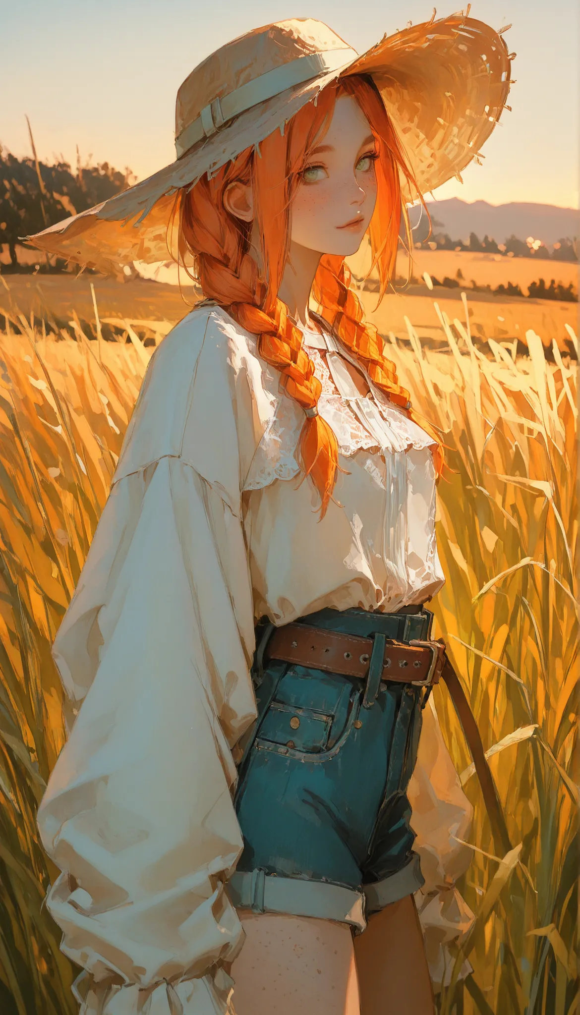 A youthful red-orange–haired girl (orange_reddish), hair braided into two pigtails, vibrant green eyes, light freckles across her cheeks, full of life and energy, standing in a sunlit outdoor meadow at golden hour. She wears a casually chic outfit: a light...