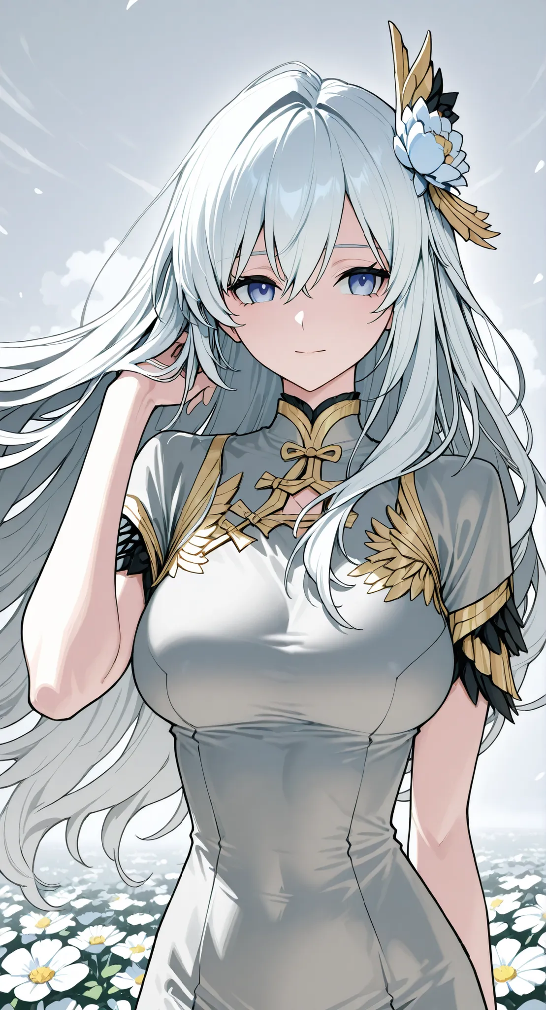 anime girl Picture of a woman with long white hair and a flower in her hair, Gray Hairの deity, Anime Goddess, Gray Hairの, Gray Hairの lady, Gray Hair, Portrait of a girl in the Knights of the Zodiac, Haise Jinyao, Genshin、Keking,  Full Body Senxia , Female ...