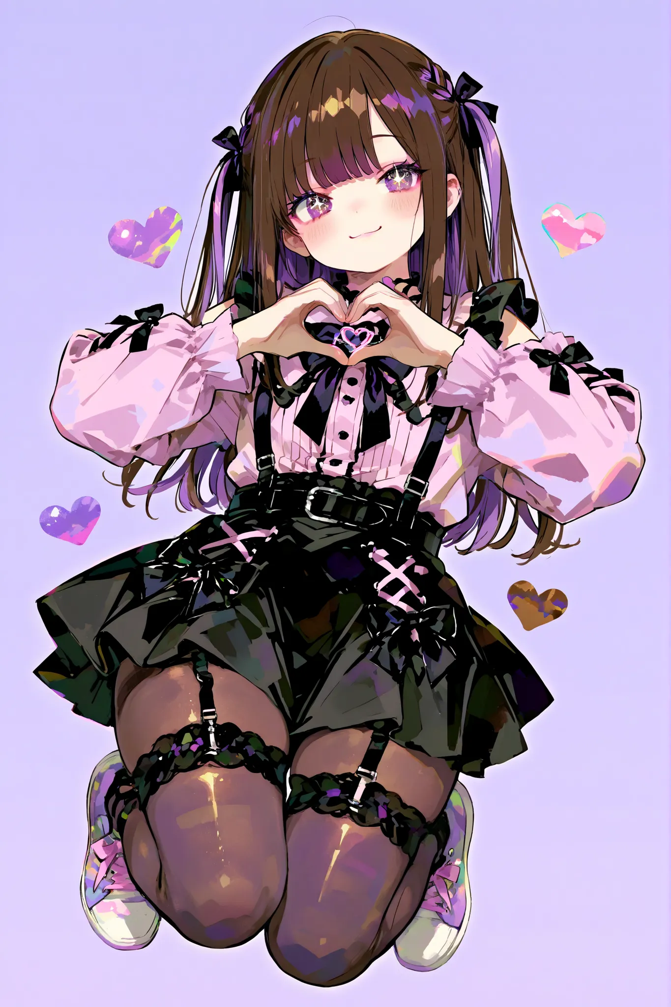 cute anime otoko no ko, jirai_kei, gothic_ta, dark brown and purple gradation medium-length hair, big sparkling brown and lavender eyes, black bows in hair, black skirt, garter straps, legwear garter pantyhose, soft pastel aesthetic, surrounded by small he...