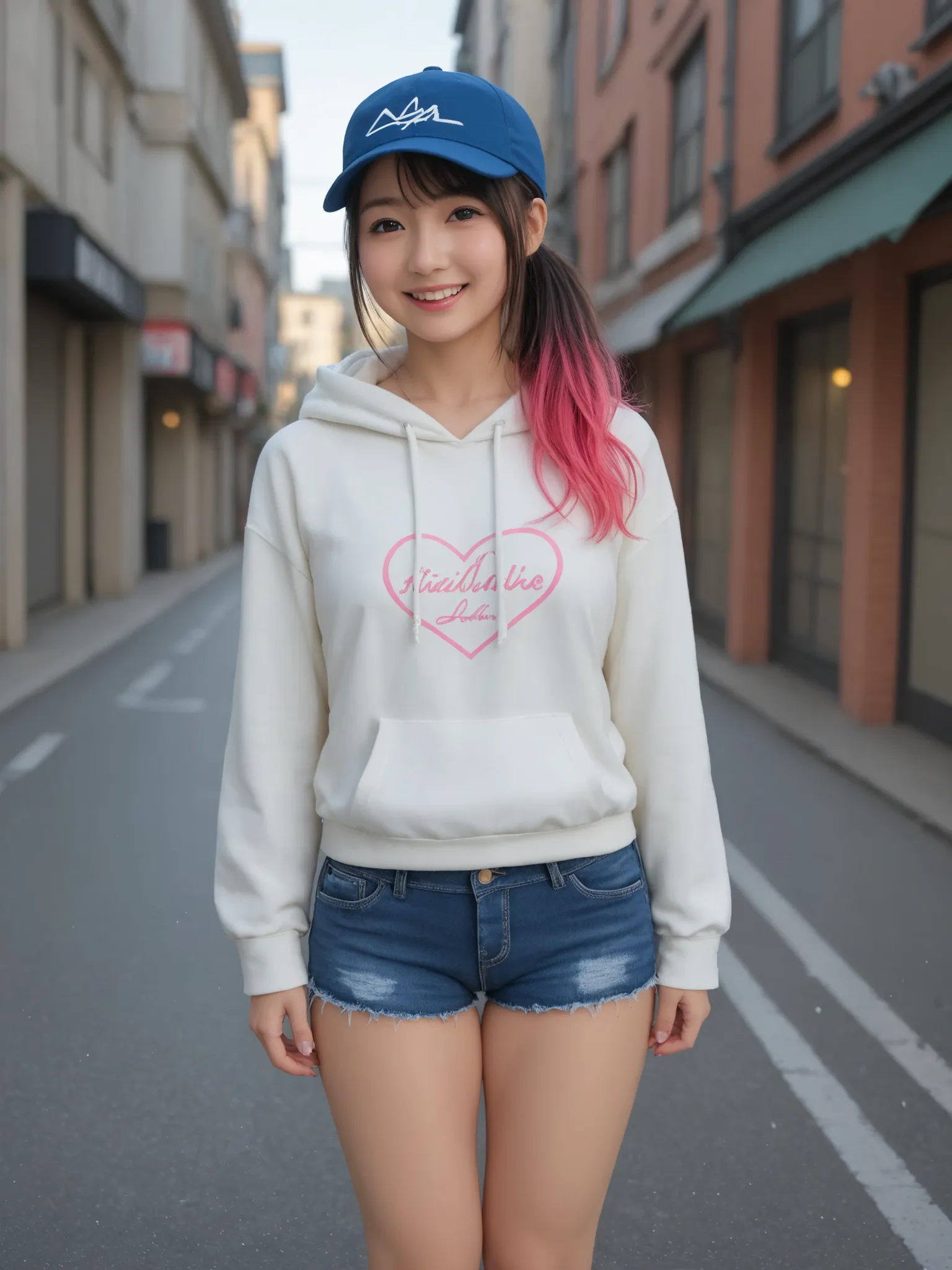 Young baby-faced girl、Ponytail、 cap、hoodie、denim shorts、over the knee socks、 walk around the city、smile,masterpiece,ultra-detailed,photorealistic,HDR,studio lighting,physically-based rendering,vivid colors,Picturesque,fashion model,Urban Background,natural...