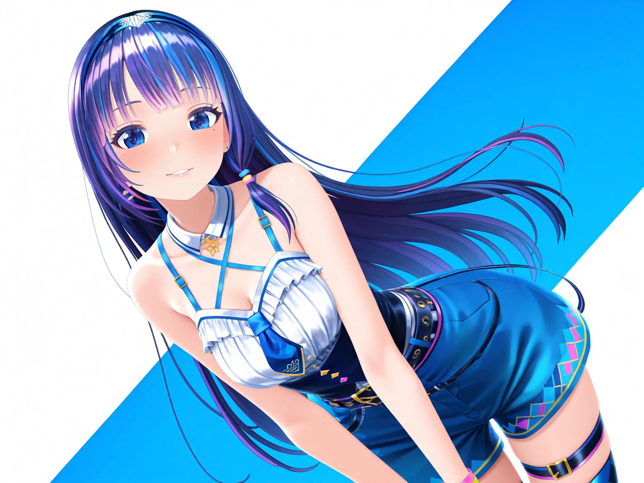 solo,masterpiece,best quality, amazing quality, highres, absurdres, very aesthetic, high resolution, ultra detailed, perfect details,virtual youtuber, aoi_costume4, multicolored hair, streaked hair, purple hair, blue hair, long hair, blue eyes、looking at v...