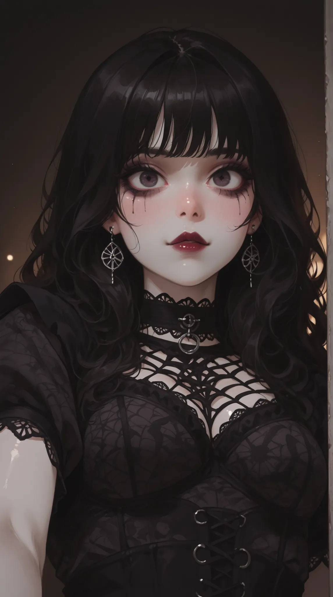 selfie-style portrait of a gothic ta girl with doll-like features, taking a selfie with one arm extended toward the camera, big shiny eyes, small nose and glossy lips, long wavy black hair, wearing a sheer lace bralette with a spider pattern, tight black c...