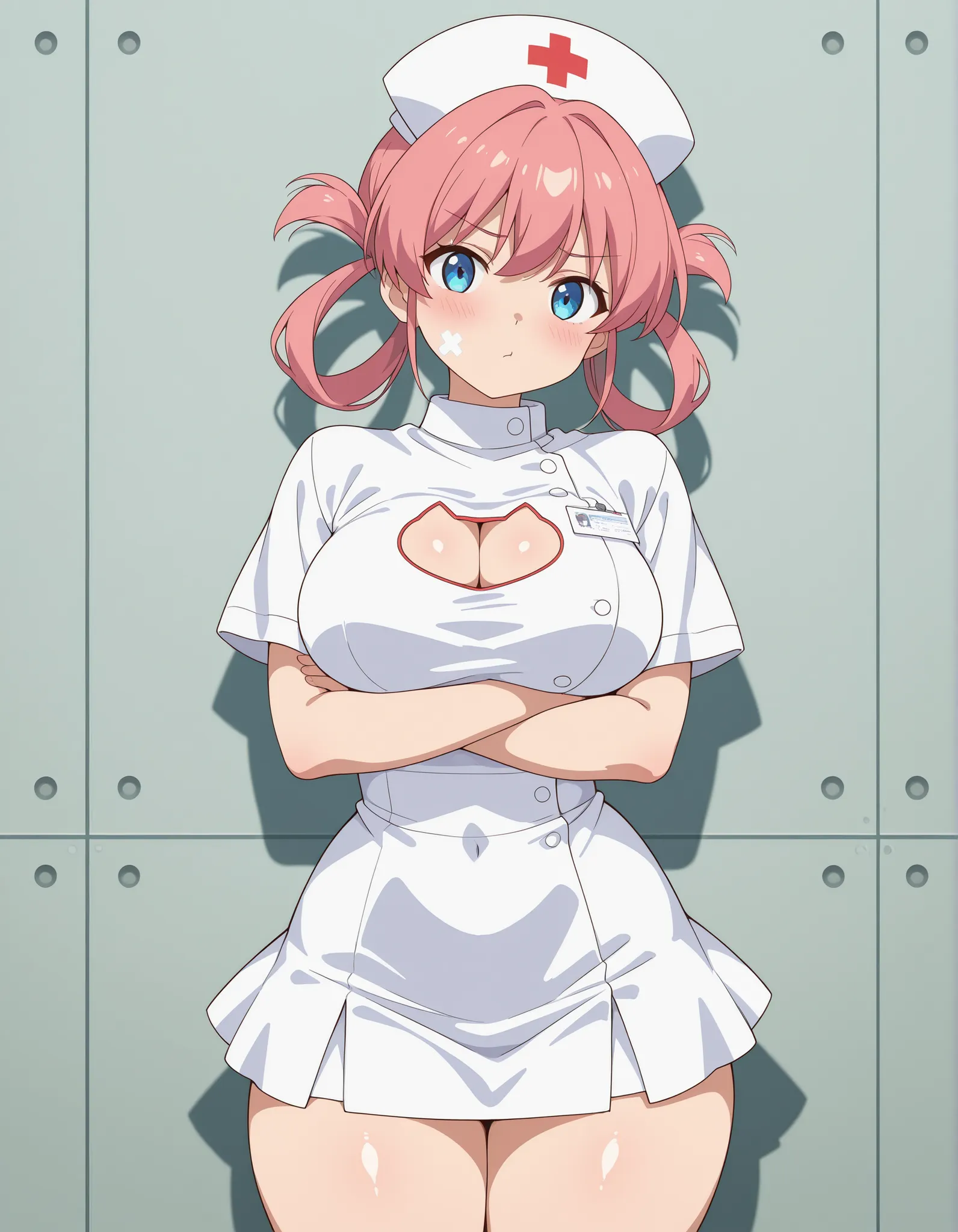 score_9, score_8_up,score_7_up,score_6_up, , 1girl, Miss Joy, pink hair, hair rings, blue eyes,,, nurse cap, into a white cat-themed crop top with a cat-shaped cutout, tight white mini-skirt accentuating her slim waist and thick thighs, arms crossed under ...