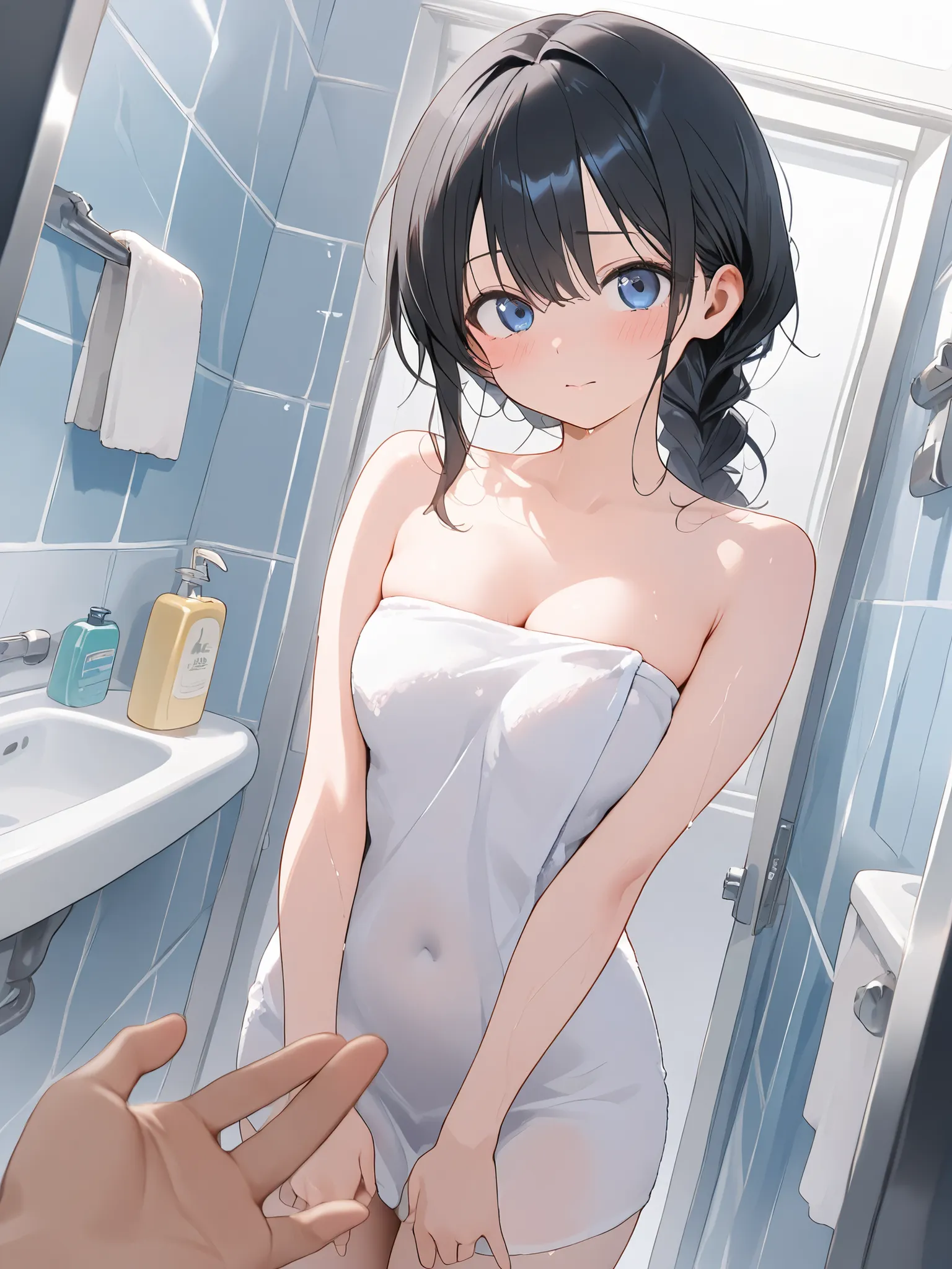 ((masterpiece, Highest Quality, Super Detail, high definition, beautiful detailed face, beautiful and precise eyes, 4K)), (1 girl、1 man), bath towel、bathroom、I'm putting my black hair together、bangs、blue eyes、bath towelが透けてる、F cup breasts、wet、Let's take a ...
