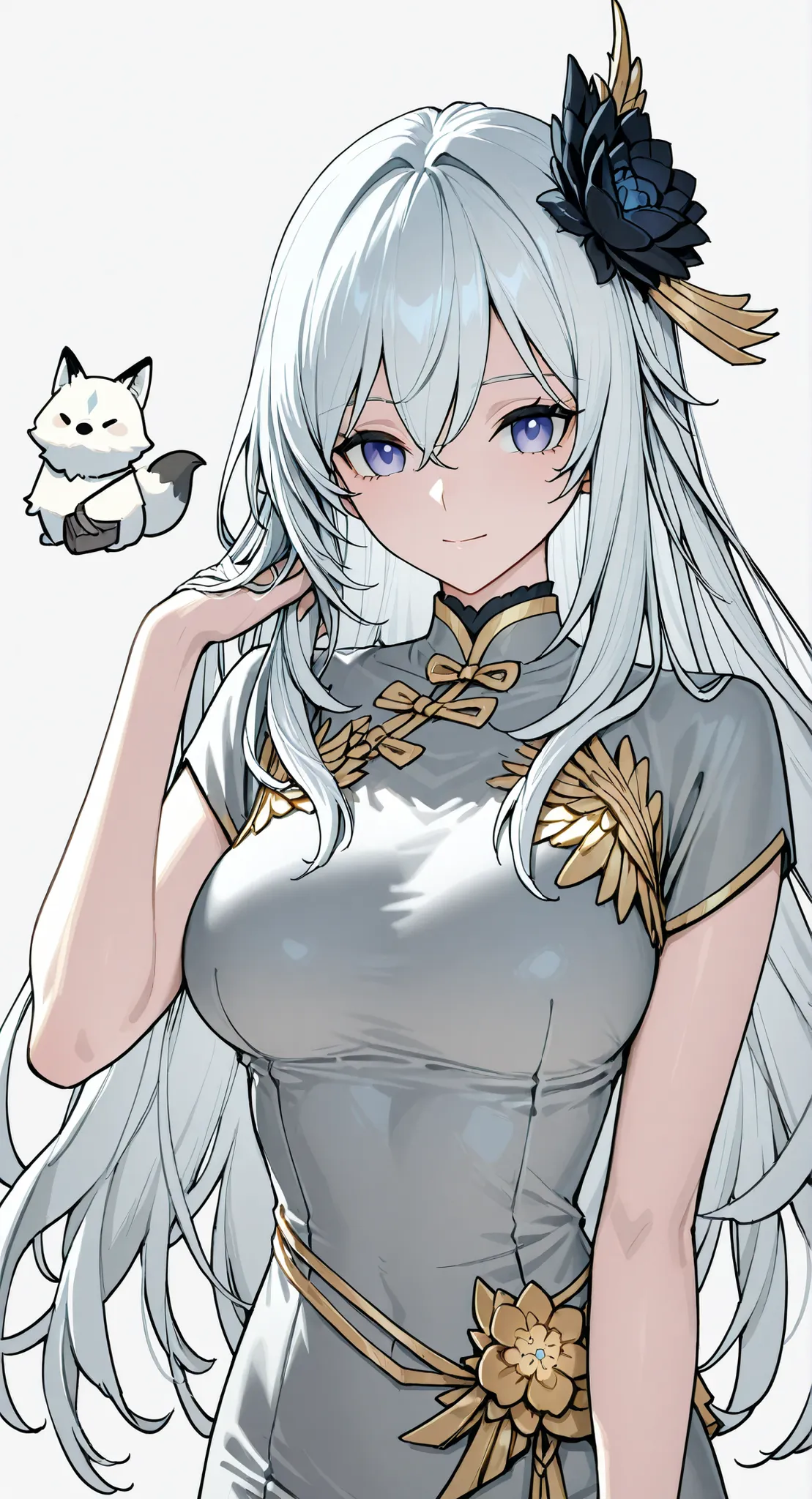 anime girl Picture of a woman with long white hair and a flower in her hair, Gray Hairの deity, Anime Goddess, Gray Hairの, Gray Hairの lady, Gray Hair, Portrait of a girl in the Knights of the Zodiac, Haise Jinyao, Genshin、Keking, White fox,  Full Body Senxi...