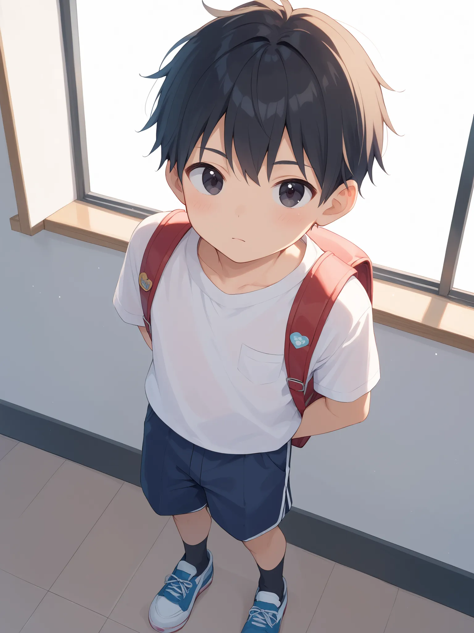 A very young Asian boy with black eyes, shiny black hair, marshmallow-like hair, wearing cool summer clothes and shorts, with a backpack on his back, looking at the viewer.
Break, 1 boy, alone, cute, ((elementary school student)), (warizawa), detailed, fro...