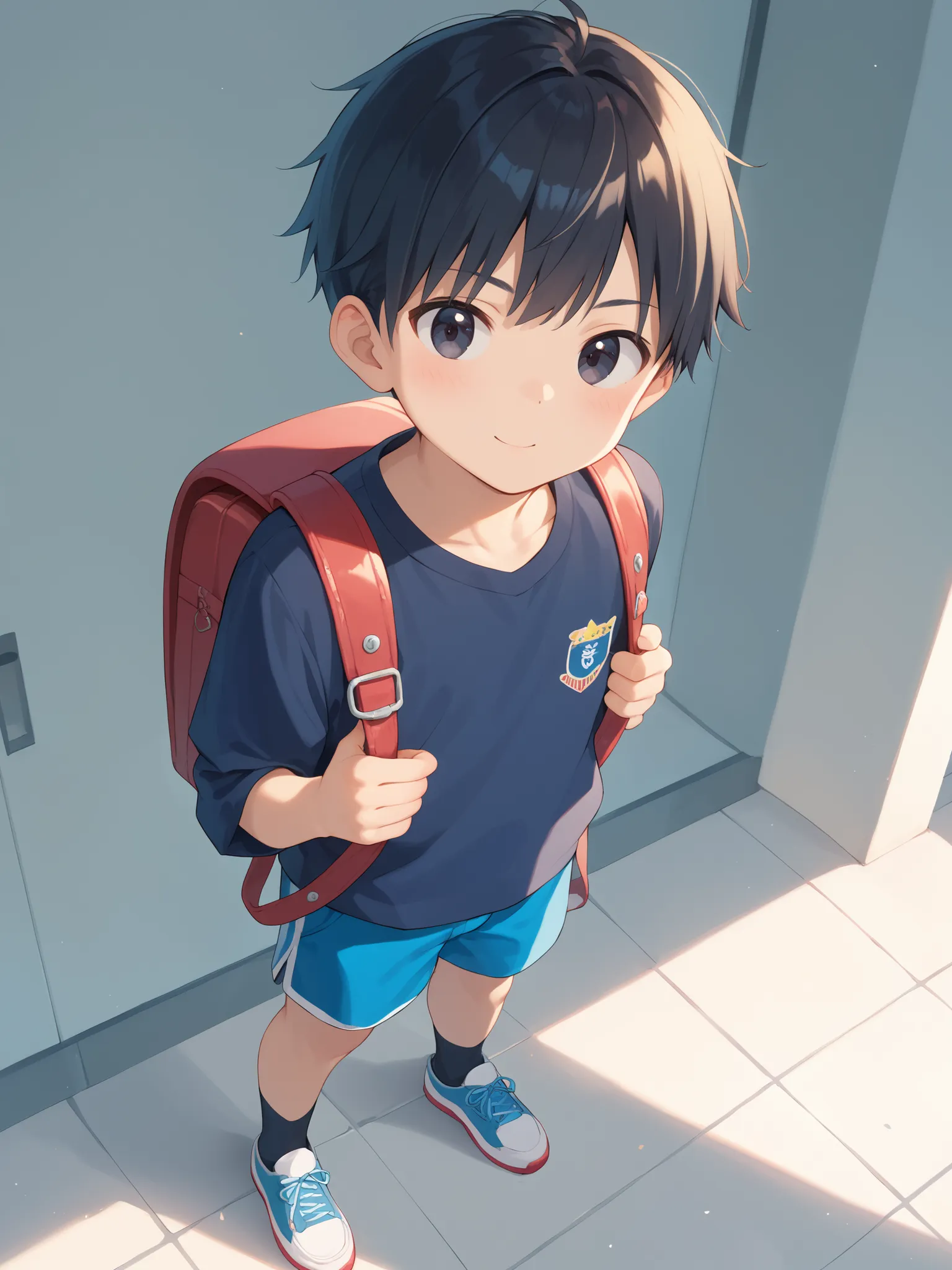 A very young Asian boy with black eyes, shiny black hair, marshmallow-like hair, wearing cool summer clothes and shorts, with a backpack on his back, looking at the viewer.
Break, 1 boy, alone, cute, ((elementary school student)), (warizawa), detailed, fro...