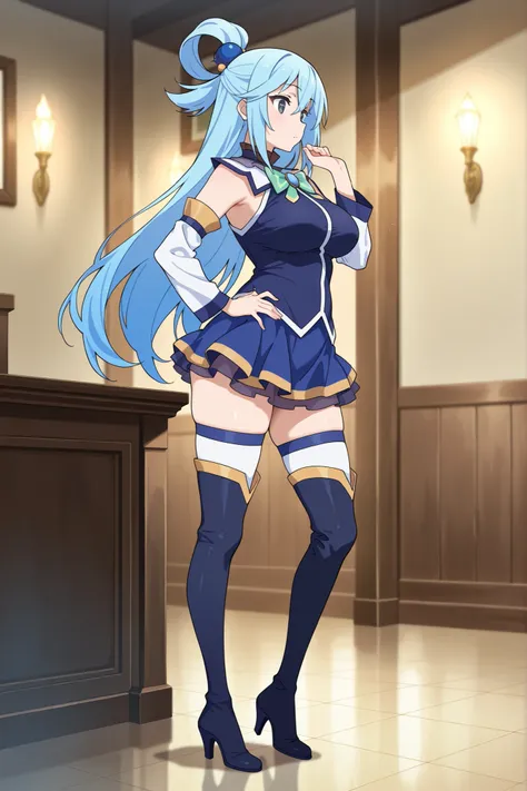 masterpiece, best quality, amazing quality, absurdres, highres,anime screencap, 1girl, AEAquaDef, blue eyes, blue hair, single hair ring, hair ornament, green bow, blue shirt, sleeveless, detached sleeves, White sleeves, blue skirt, miniskirt, White thighh...