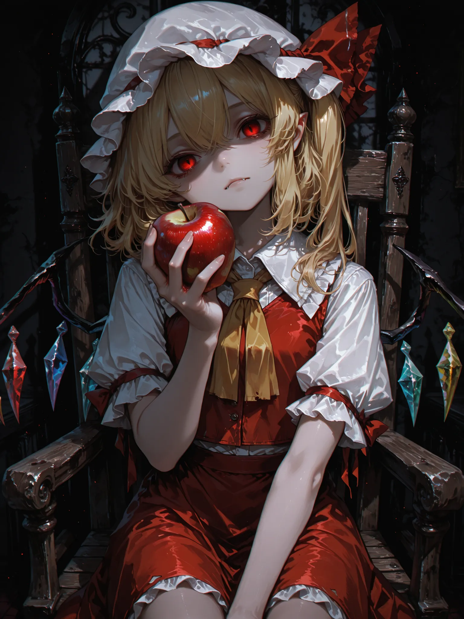 1girl ,flandre scarlet ,apple ,blonde hair ,bow ,chromatic aberration ,closed mouth ,collared shirt ,cowboy shot ,dark ,expressionless ,fangs ,fruit ,from front ,film grain ,hat ,hat ribbon ,hand down ,head tilt ,holding ,holding fruit ,listless ,medium ha...