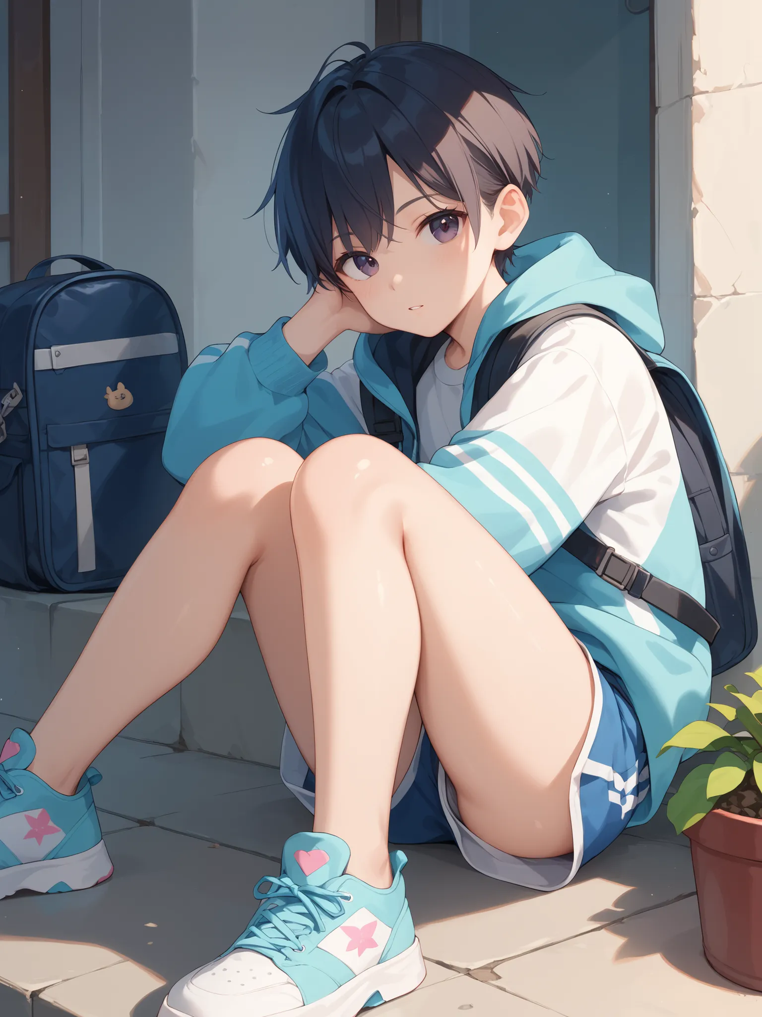 dark eyes, Shiny dark hair, A very young Asian boy with marshmallow-like hair is wearing cool summer clothes, shorts, and watching viewers with a backpack on his back.