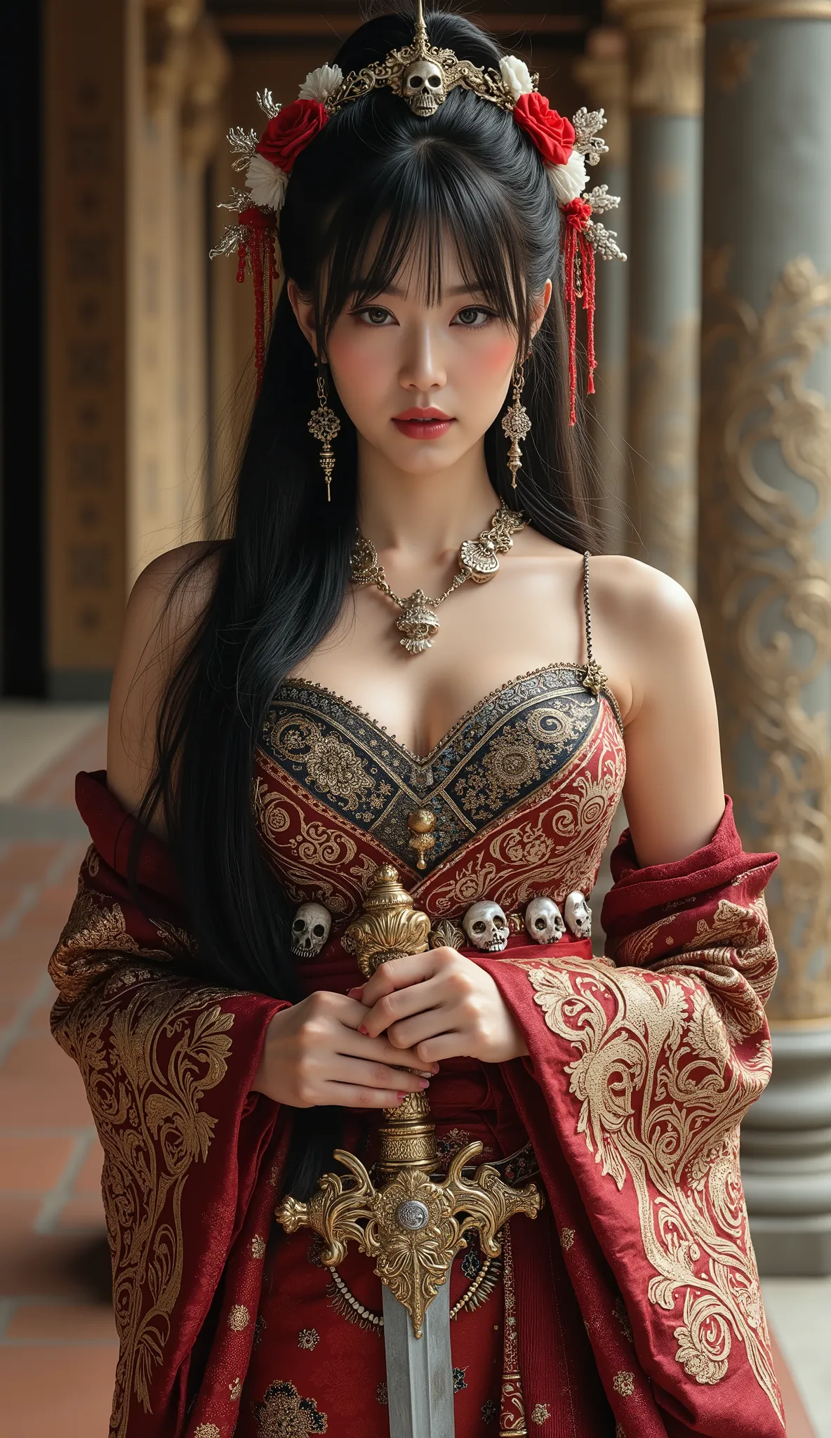 1 girl,korea face sexy girl ,dragon, (large cleavage,Big ), pale skin, innocent look,NFSW,,photo-realistic, ultra-realistic, very beautiful Japanese, famous Japanese idol, 20 years old, Holding an ancient sword with a beautiful, ornate pattern. flowing jet...