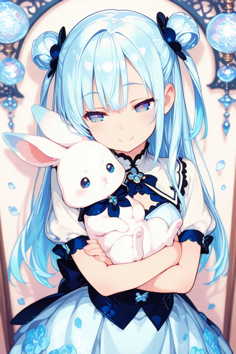 (masterpiece),(Highest Quality:1.2),beautifully detailed blue eyes hugging a rabbit,(beautiful silky pastel blue hair:1.2),((Blue and White Outfit)), disappointed ,has a smiling face,pastel, The delicate pastel blue blends into the intricate pattern,background is soft and blurry,Pastel blue petals are soft, Magical color and atmosphere,Fantasy Chic,cute,Official Art