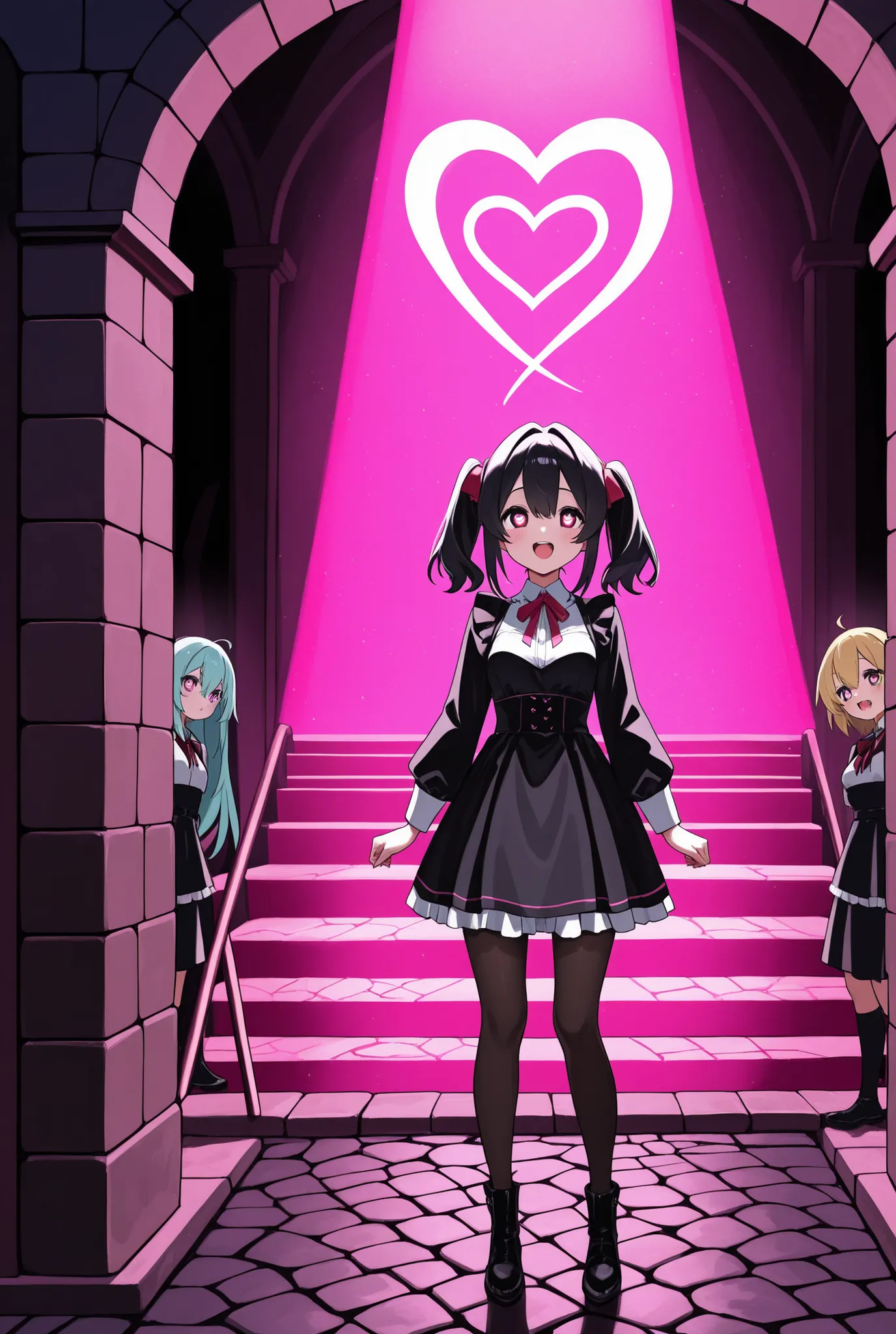 3 girls、背の低い3 girls、ロリの3 girls、Detailed Background、 small 、small、I have small breasts、赤面している3 girls、頬を赤く染めている3 girls、Estrusしている3 girls、催眠にかかっている3 girls、Heart Eyes、Estrus、I'm looking at the pink light、Pink lighting、pink light、anime beautiful girl、Dark Night...