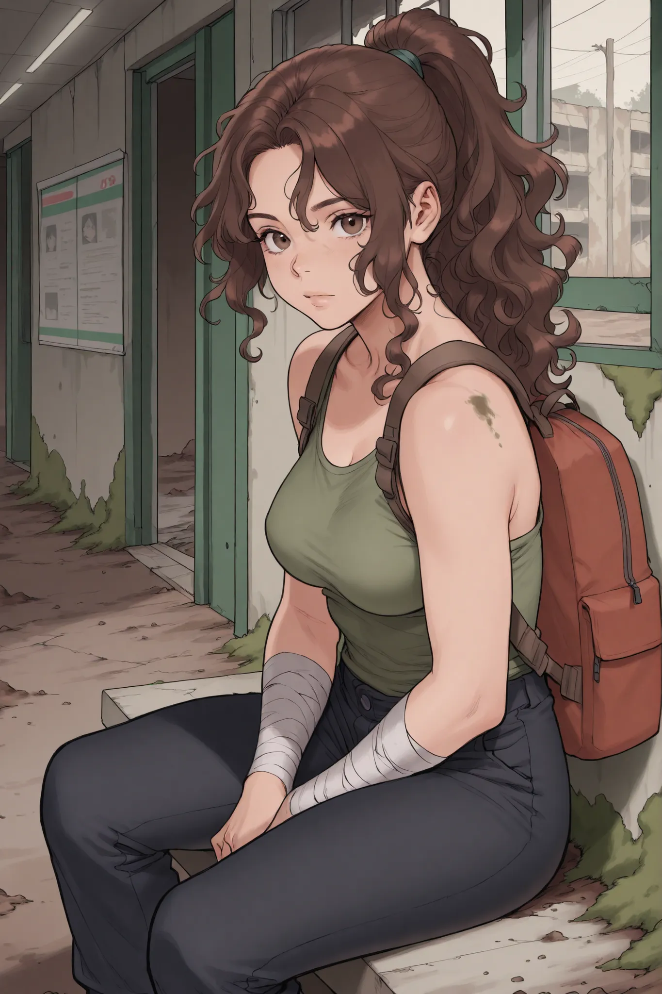 1 woman, brown hair, wavy hair, ponytail, voluptuous, medium breasts, moss green tank top, black pants, backpack, bandages, dirt, abandoned dark convenience store, sitting, look at viewer