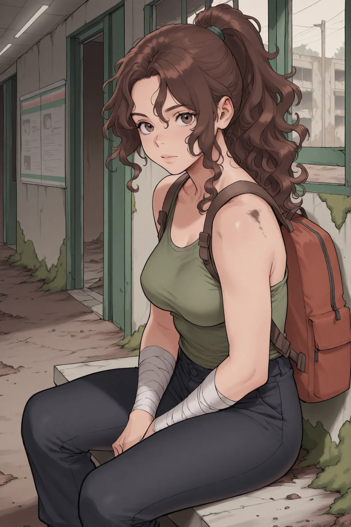 1 woman, brown hair, wavy hair, ponytail, voluptuous, medium breasts, moss green tank top, black pants, backpack, bandages, dirt, abandoned dark convenience store, sitting, look at viewer