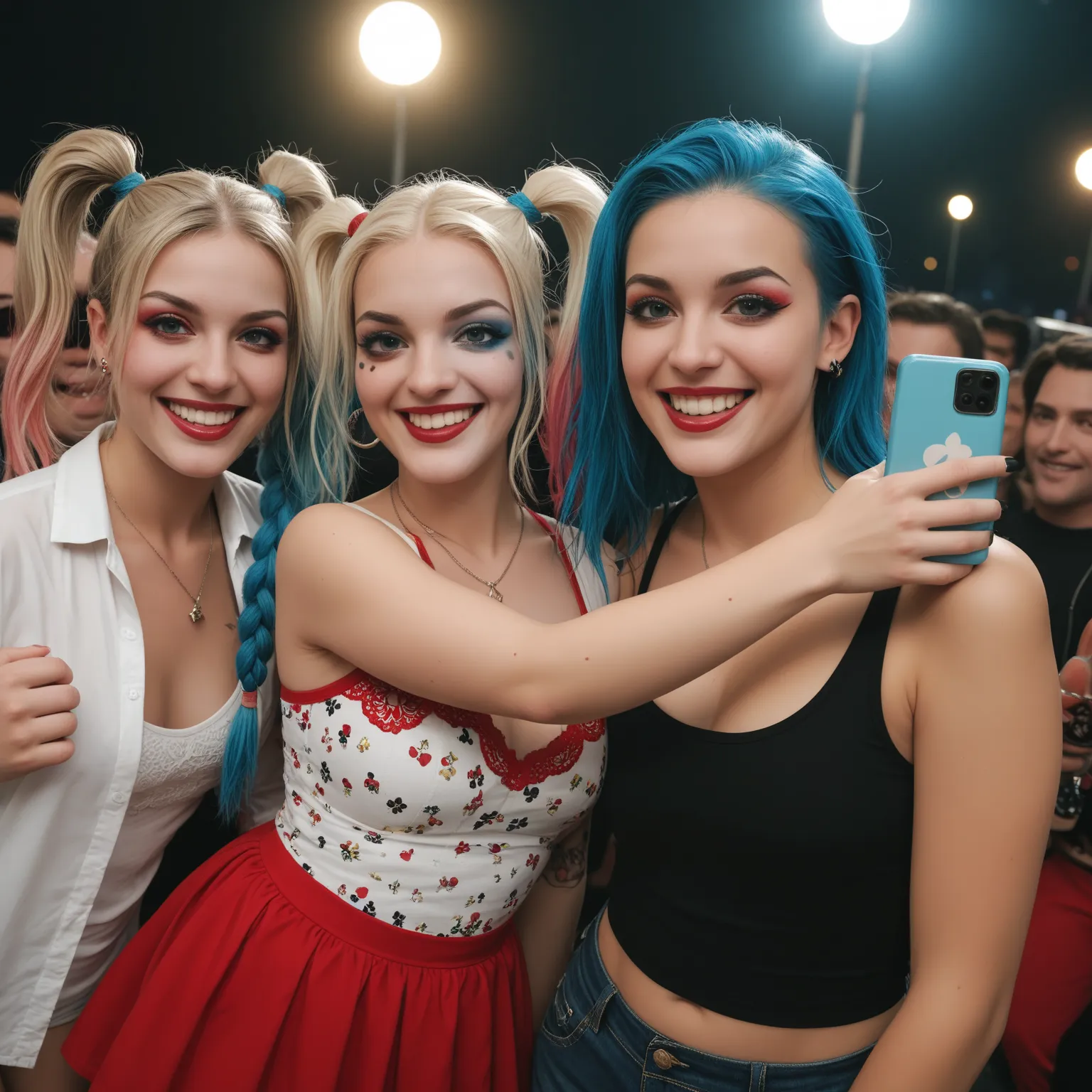 A candid paparazzi-style photo of [Jinx (Arcane) & Harley Quinn at an EDM music festival. They look great and happy. They are drunk and partying in the crowd.] It is a candid shot with a lot of active motion, interaction, etc. The flash from the camera partially overexposes the image, giving it a chaotic, tabloid look.