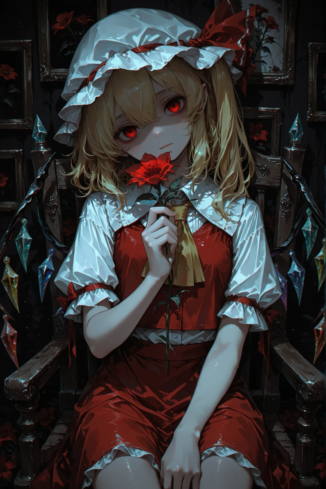 1girl ,flandre scarlet,blonde hair ,bow ,chromatic aberration ,closed mouth ,collared shirt ,cowboy shot ,dark ,expressionless ,flower ,from front ,film grain ,hat ,hat ribbon ,hand down ,head tilt ,holding ,holding flower ,listless ,medium hair ,mob cap ,...