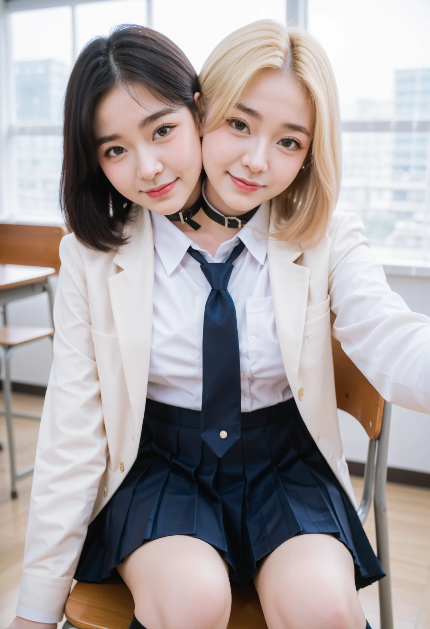 half-body shot, photorealistic, best resolution,korean woman with two heads, 2girls, different faces, round face, rectangular face, round chin, sharp chin, button nose, straight nose, blonde hair, black hair, different hairlengths, long hair, short hair,...