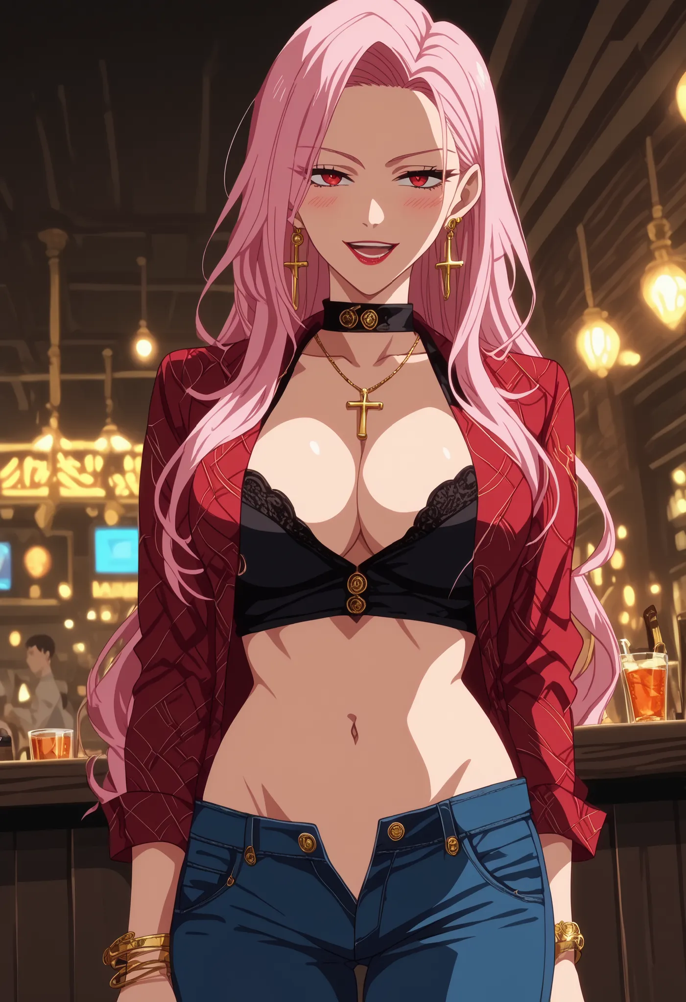 ultra detailed, perfect details, 1girl, solo, indoors, dnfduelspectre, very long hair, pink hair, curtained bangs, red eyes, single earring, mature female , jewelry, black collar, bracelet, (anime coloring:1.5), (anime screencap:1.5), large breasts, , , ea...