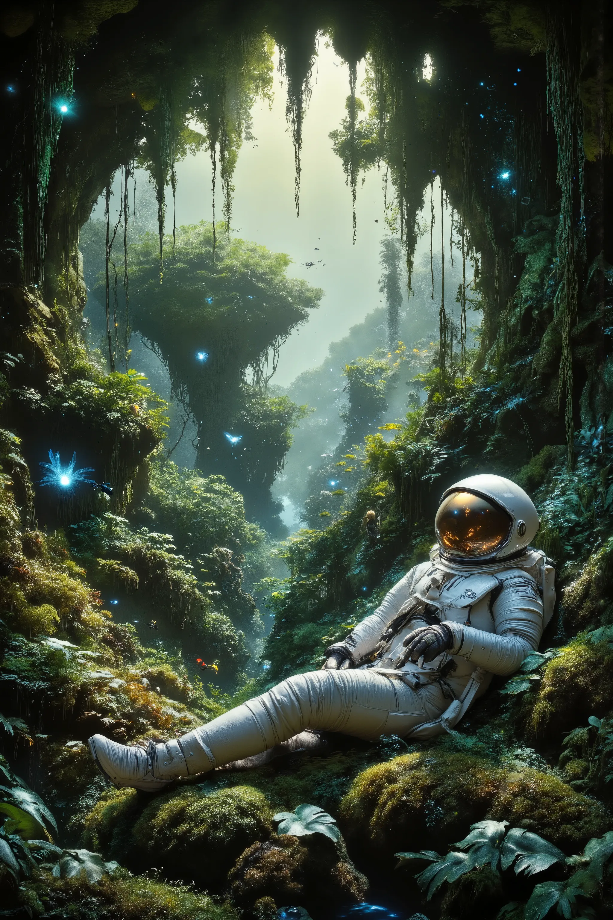 In a deep interstellar forest of gigantic, sentient plants, an astronaut in a silver suit reclines peacefully, helmet removed, gazing at a beam of light filtering through massive vines, ground covered in soft moss and water puddles, alien dragonflies with ...
