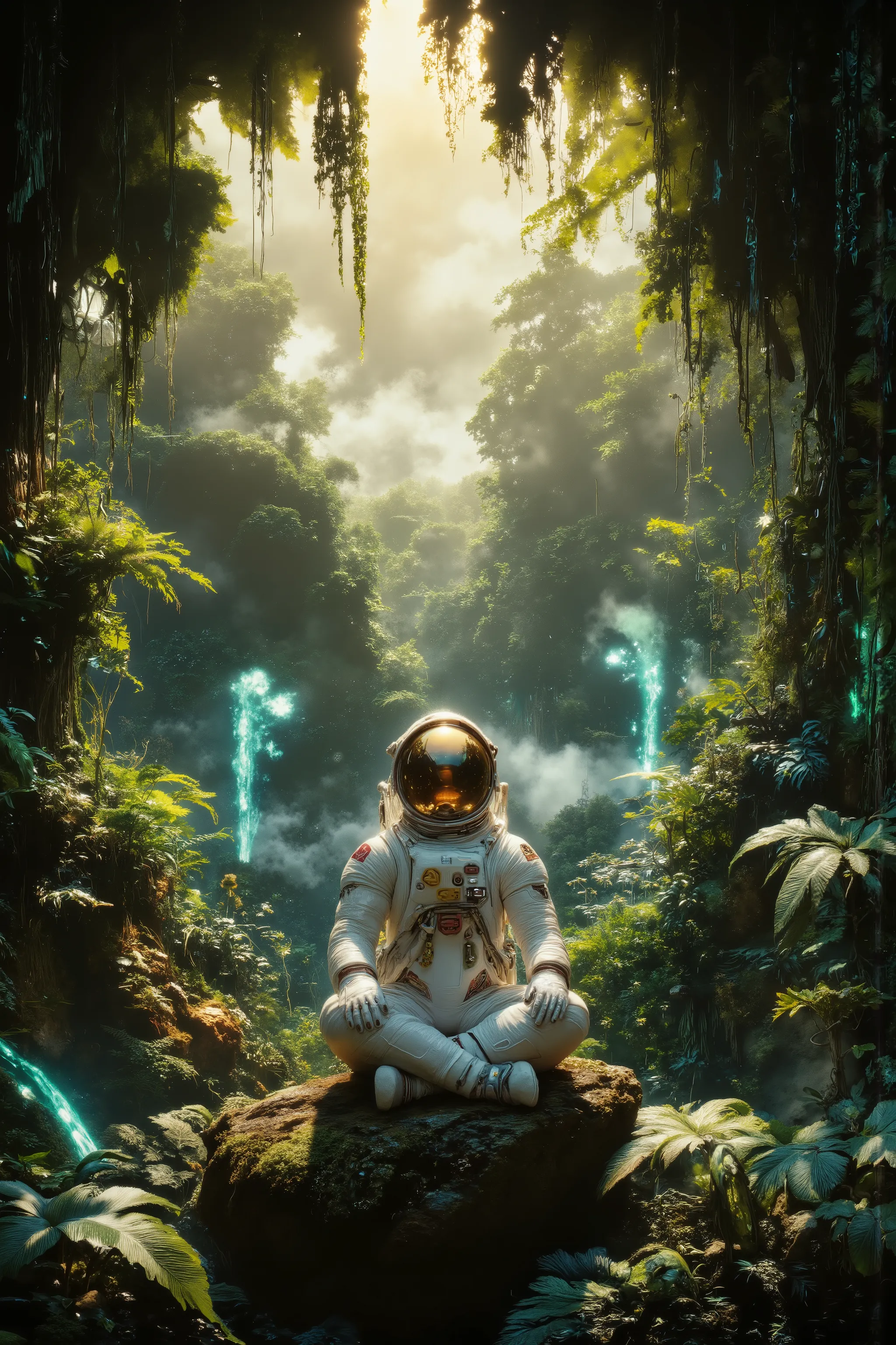 A solitary astronaut sits in meditation beneath towering alien cannabis-like plants in a lush Martian rainforest, shafts of golden sunlight piercing the dense canopy, mist swirling gently around glowing bioluminescent leaves, ethereal and spiritual atmosph...