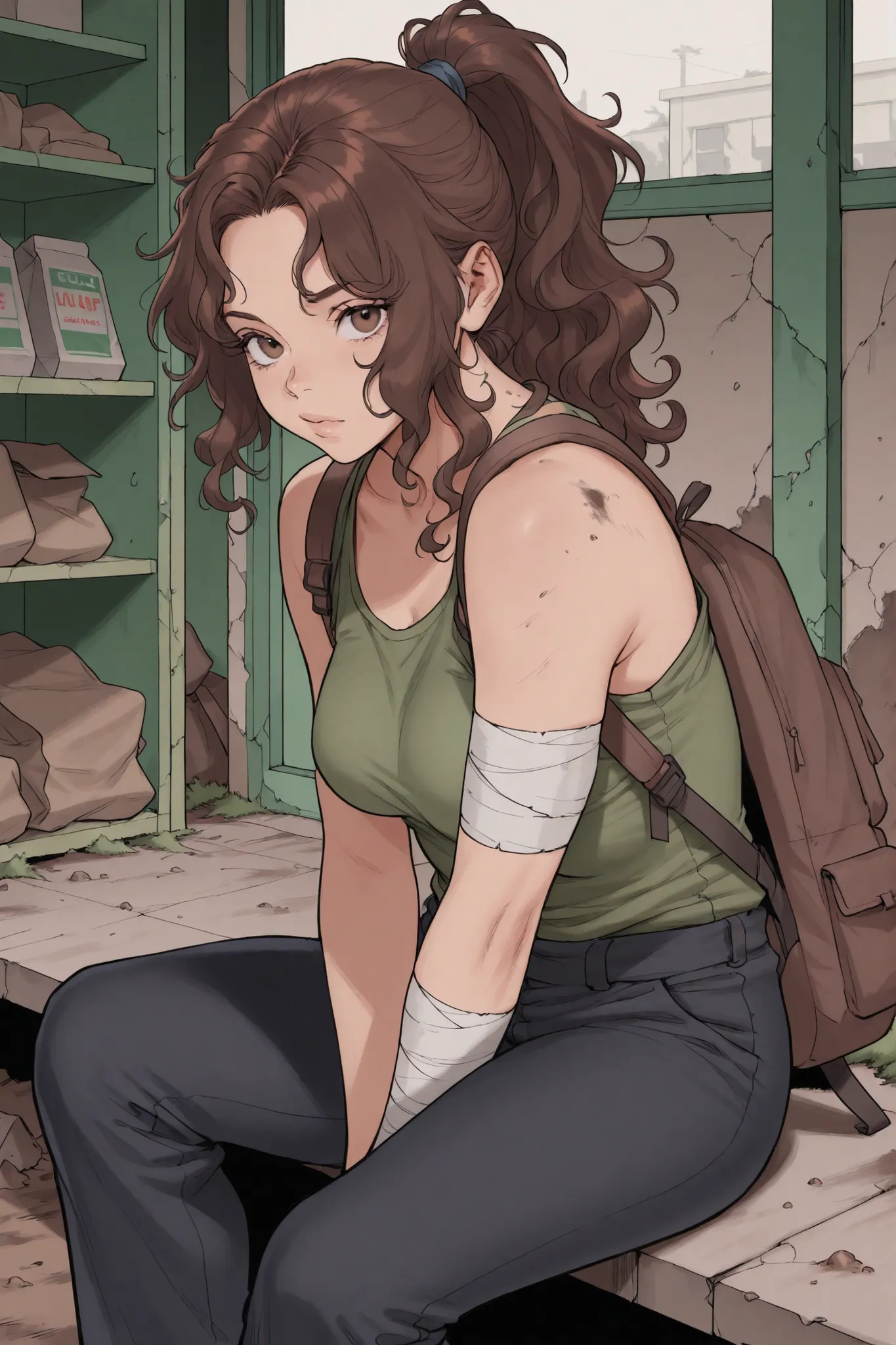 1 woman, brown hair, wavy hair, ponytail, voluptuous, medium breasts, moss green tank top, black pants, backpack, bandages, dirt, abandoned dark convenience store, sitting, look at viewer