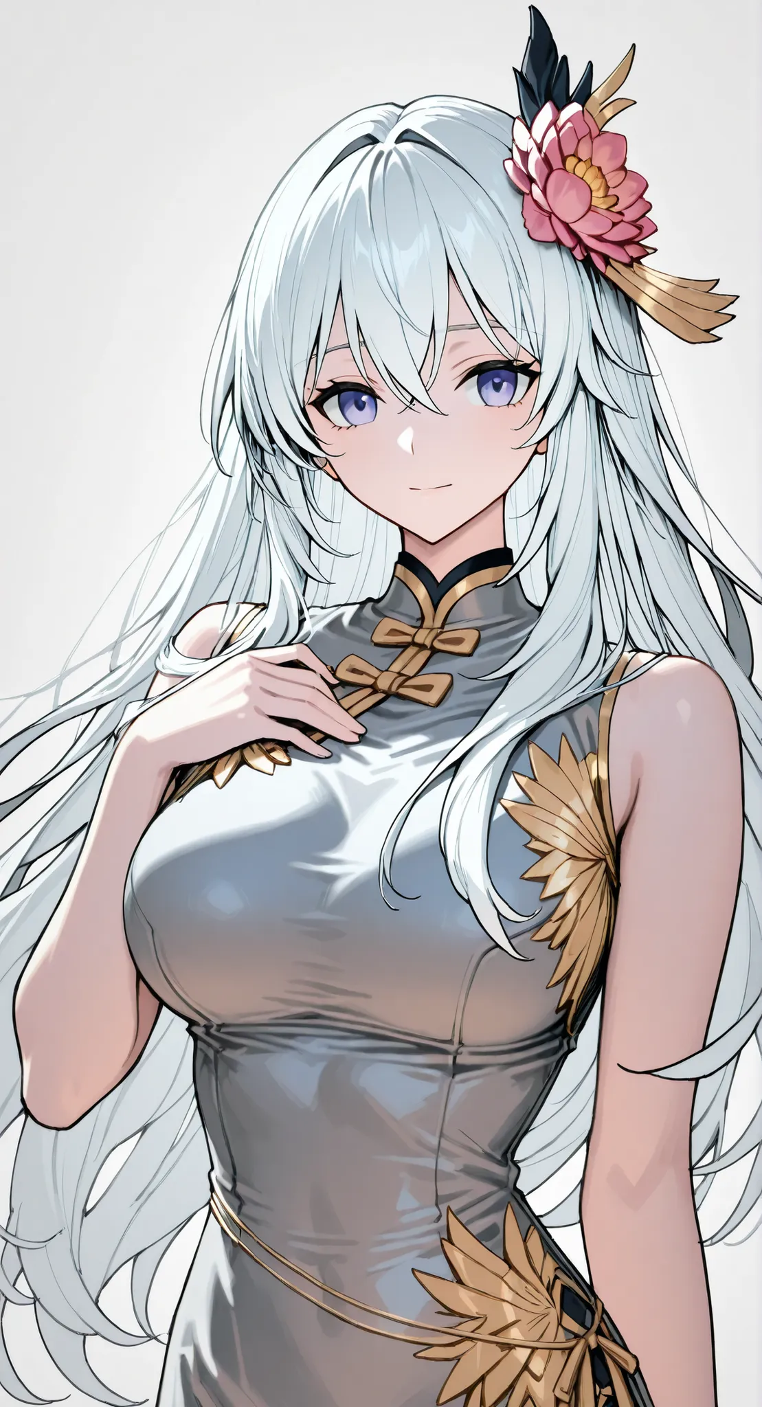 skin,white hair,Bound shoulders ,sleeveless china ドレスanime girl 長いwhite hairで and a flower in her hair, Gray Hairの deity, Anime Goddess, Gray Hairの, Gray Hairの lady, Gray Hair, Portrait of a girl in the Knights of the Zodiac, Haise Jinyao, Genshin、Keking, ...
