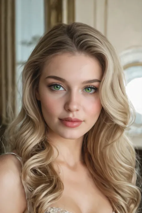 Generate a highly realistic 3D face model of a young Russian woman with a sweet and delicate appearance. She has soft facial features, light fair skin, gentle blue or green eyes, subtle rosy cheeks, and natural light brown or blonde hair. The expression is...