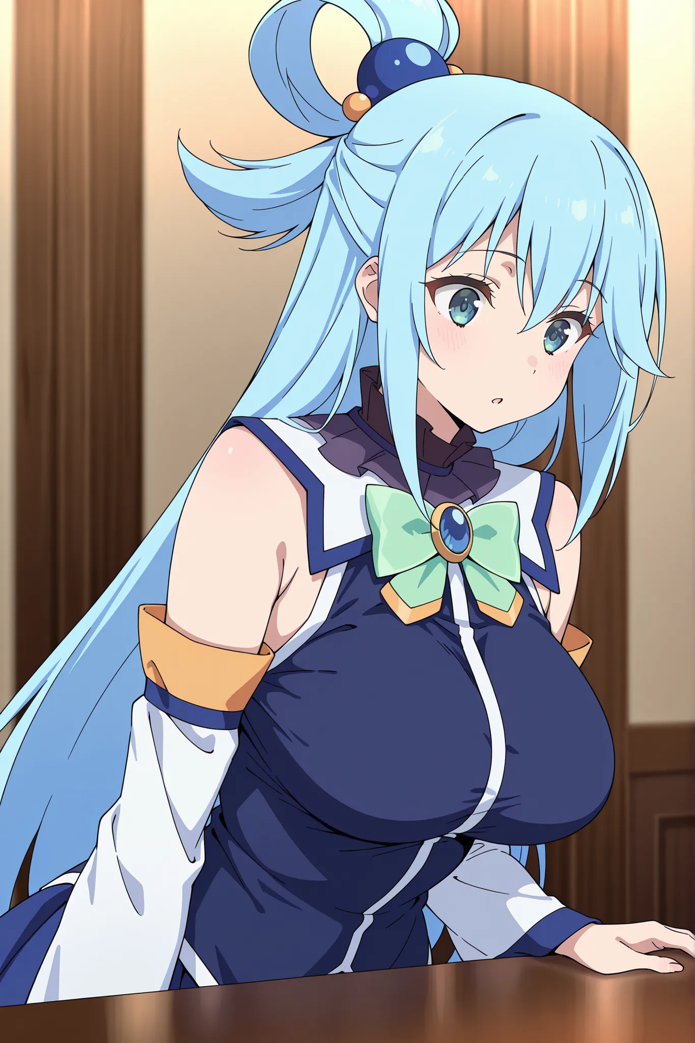 masterpiece, best quality, amazing quality, absurdres, highres,anime screencap, 1girl, AEAquaDef, blue eyes, blue hair, single hair ring, hair ornament, green bow, blue shirt, sleeveless, detached sleeves, White sleeves, curvy,large breasts