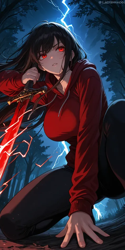 best quality, masterpiece, ultra detailed, general, Sakimistyle, ladyshadow, 1girl, solo, large breast, looking away with her head completely lowerd, floating long hair, holding sword, red eyes, assassin, digital noise, visual chaos, ethereal energy, fores...