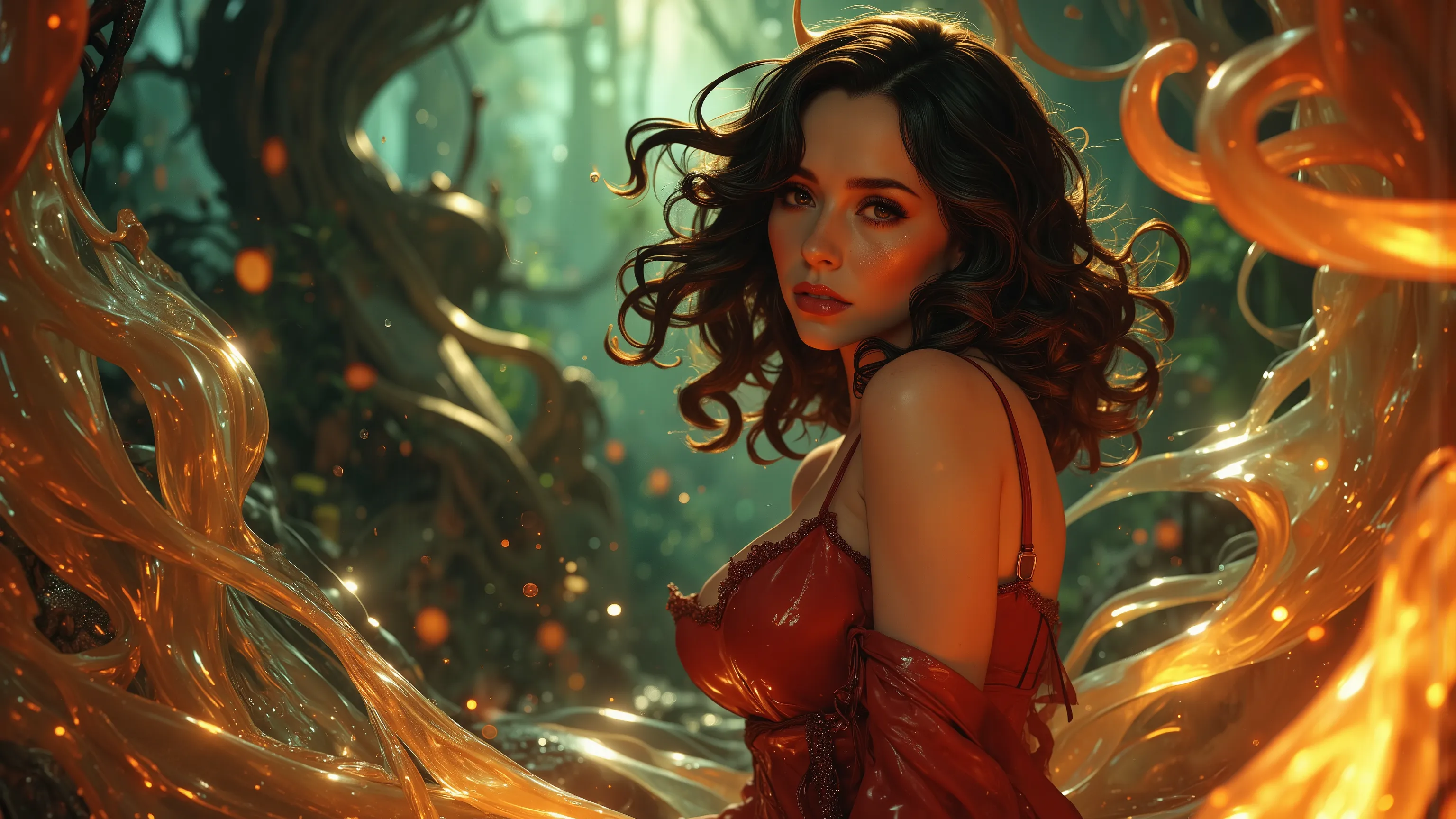 A mystical, sultry, voluptuous succubus emanating an aura of burning lust, wearing a sexy reddish latex outfit, in a Kinetic Sand Temporal Flux style, where the passage of time is captured in the fluidity of sculpted sand. Fleeting shapes are illuminated b...