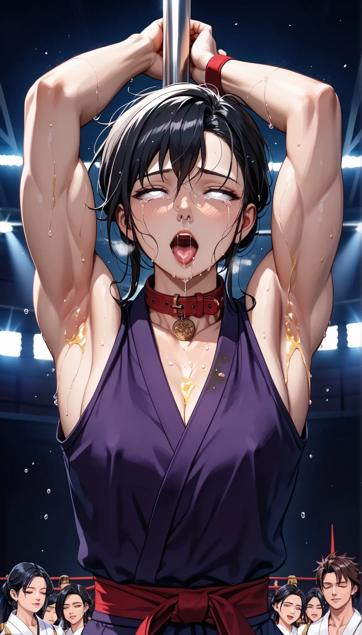                       Very detailed facial close-up, BEAUTIFUL WOMAN ：1.3,tall,   Stunning character art ,   ( look at the audience  ),    (  Turn to the audience's   )   , (Small head),  Sweating  ,        (   small  ),( raise your arms), ((raise your arm...