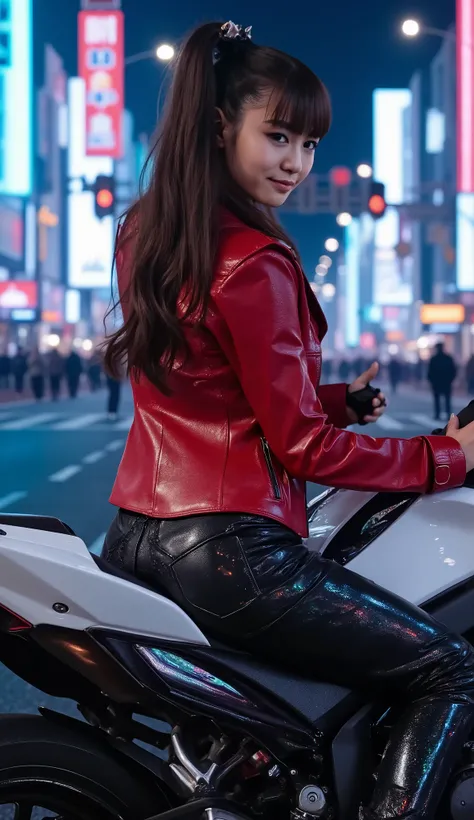 Close-up rear view of a beautiful woman seated on a sleek white Kawasaki Ninja motorcycle, mid-body composition (from hips upwards). She wears form-fitting black leather skinny jeans and a vibrant red leather jacket, with the motorcycle's tail section domi...