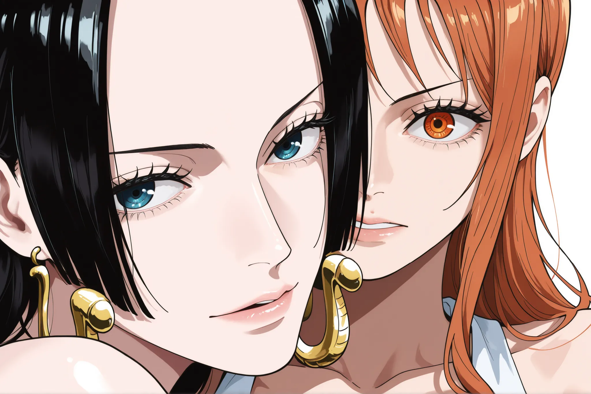 masterpiece, best quality, amazing quality, 2girl, (Boa Hancock, One Piece, Chainsaw man, blue eyes, black hair), (Nami, One Piece, Chainsaw man, orange eyes, orange hair) , close up shot, simple background, golden ratio face, sexy pose, Pinkish skin tone,...