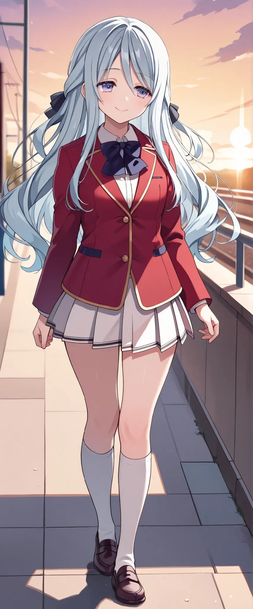 hiyorishiina, hiyori shiina, long hair, bangs, purple eyes, hair ribbon, grey hair, 1 girl ,solo, red jacket school uniform, white shirt, red jacket, collared shirt, bowtie, white skirt,knee socks ,loafers, walking ,smile,glossy lips,closed mouth ,school c...